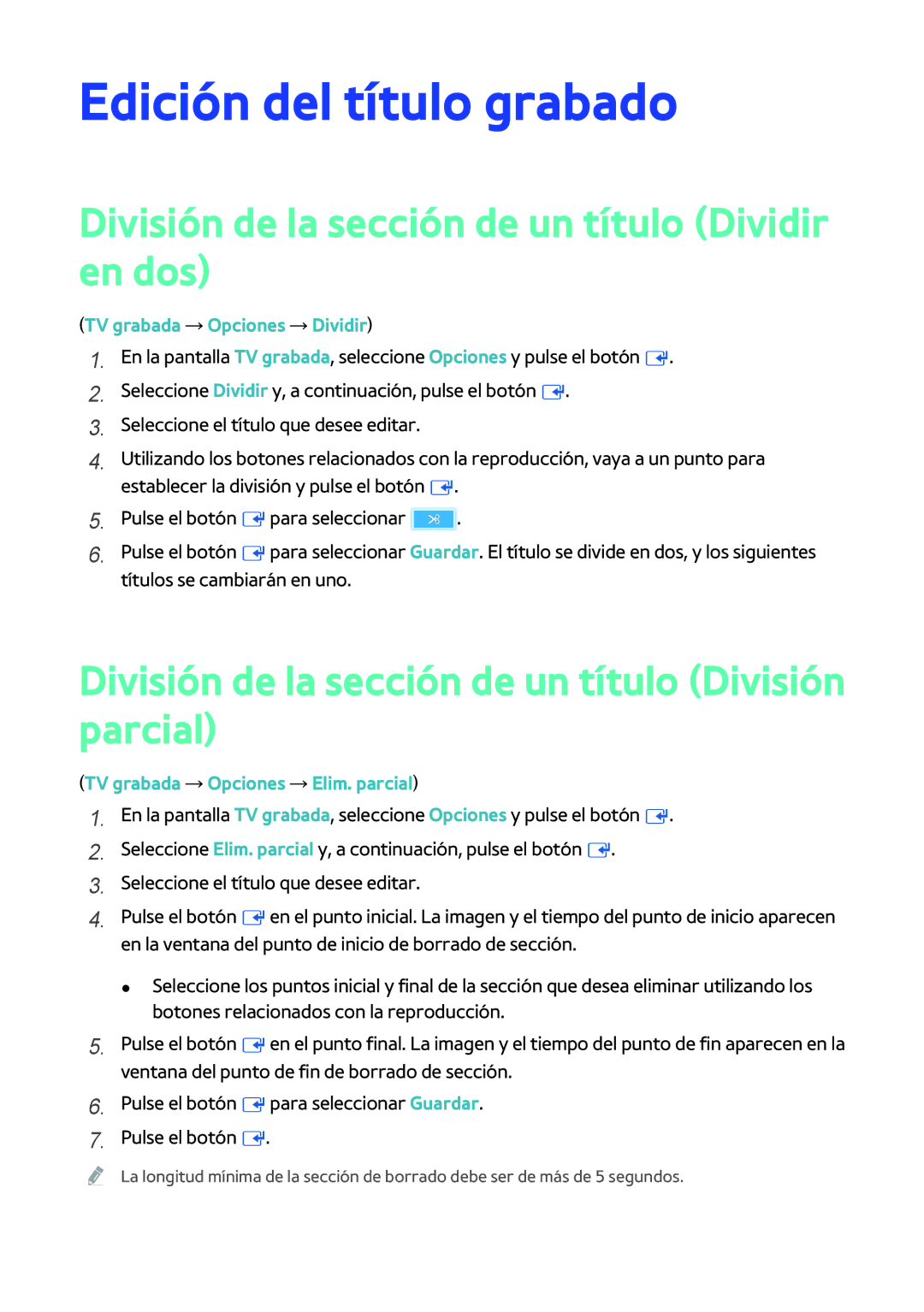 Samsung BD-H8900/ZF, BD-H8500/ZF manual Edición del título grabado, División de la sección de un título Dividir en dos 