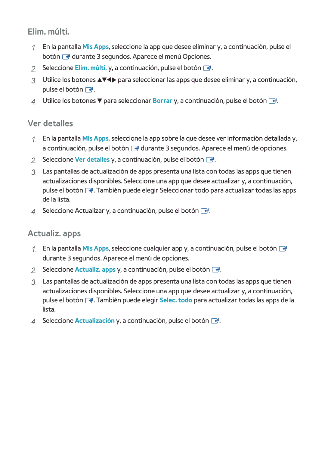 Samsung BD-H8500/ZF, BD-H8900/ZF manual Elim. múlti, Ver detalles, Actualiz. apps 