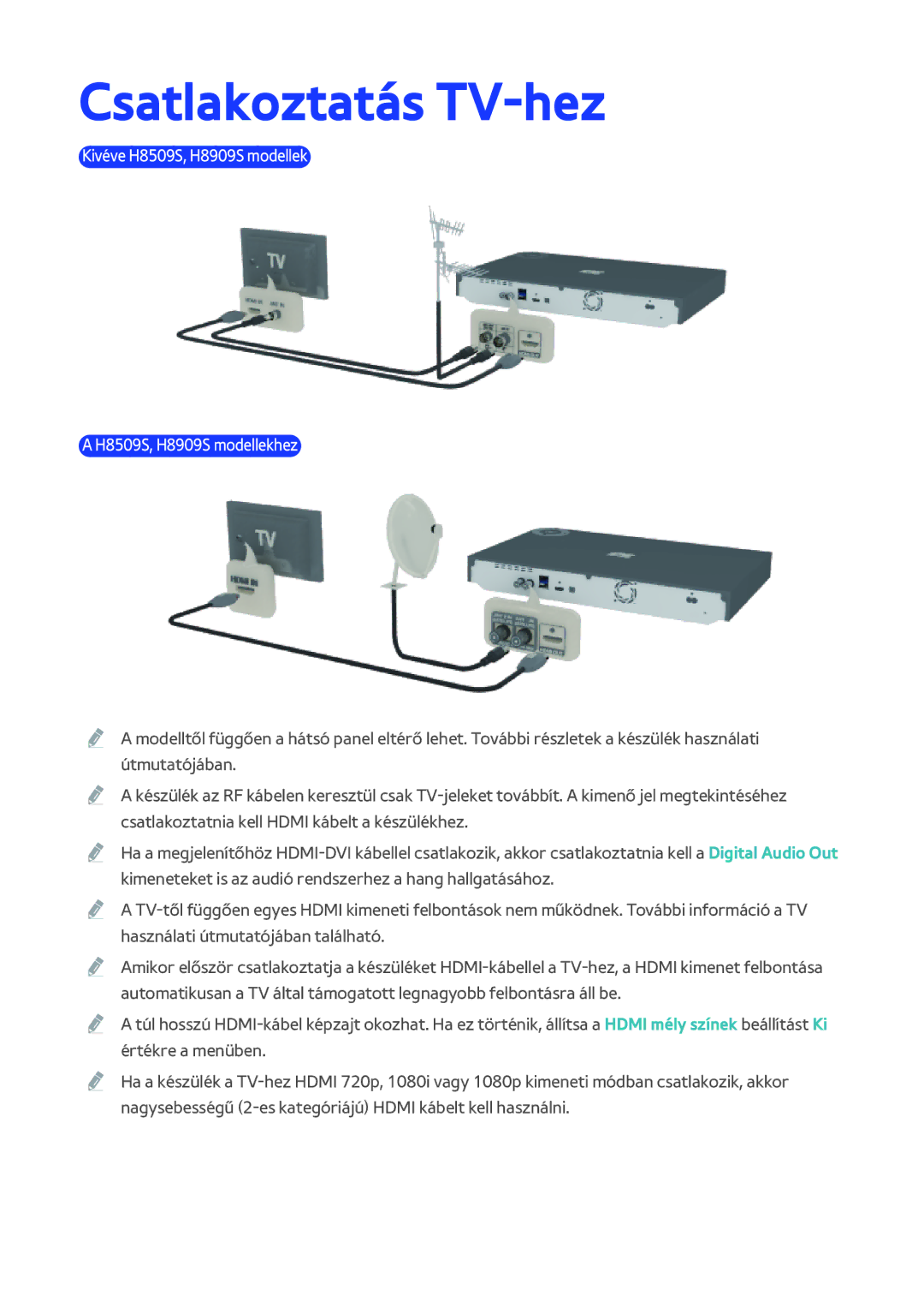 Samsung BD-H8900N/XE, BD-H8909S/ZG manual Csatlakoztatás TV-hez, Kivéve H8509S, H8909S modellek H8509S, H8909S modellekhez 