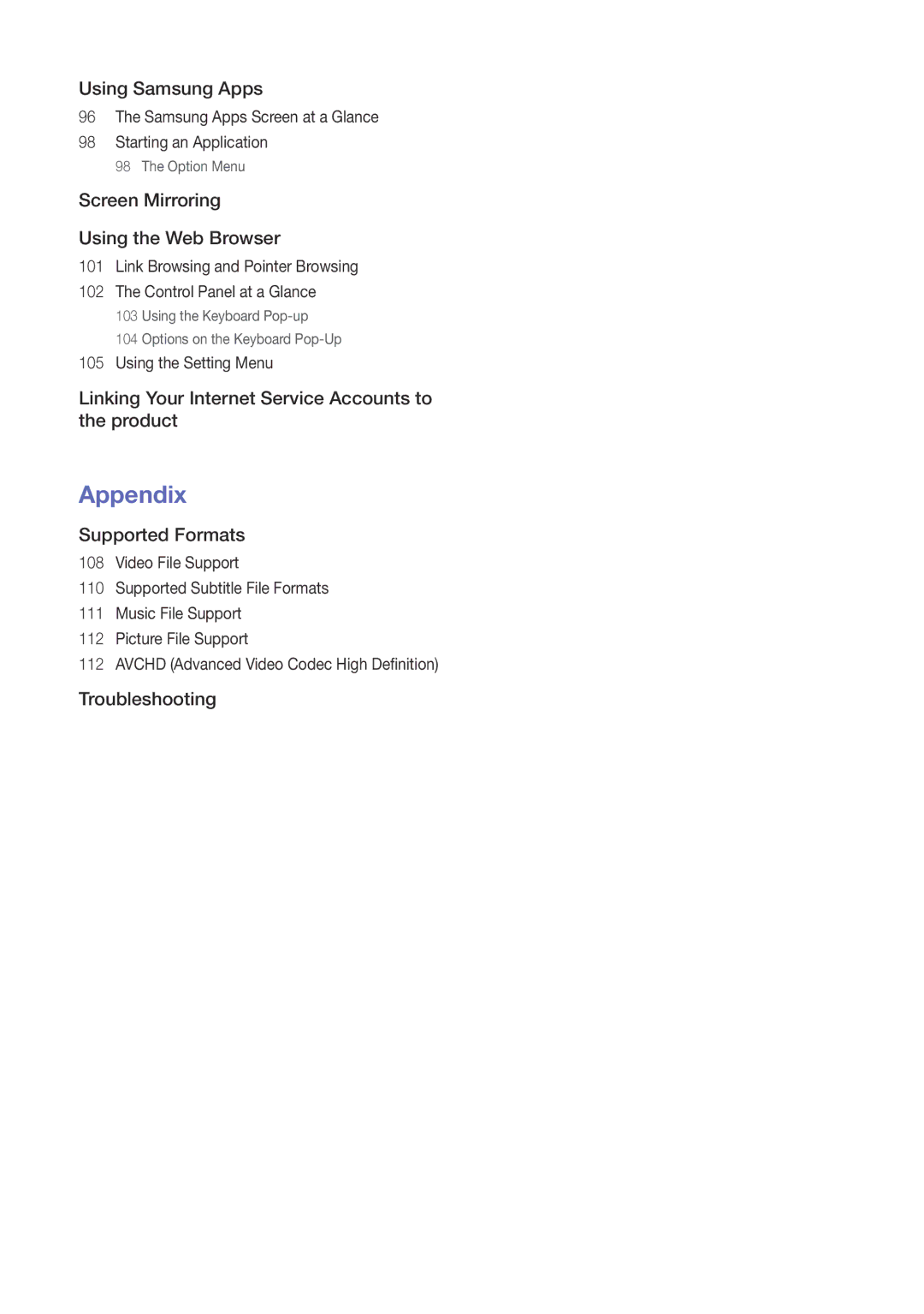 Samsung BD-H8500/ZF manual Using Samsung Apps, Screen Mirroring Using the Web Browser, Supported Formats, Troubleshooting 