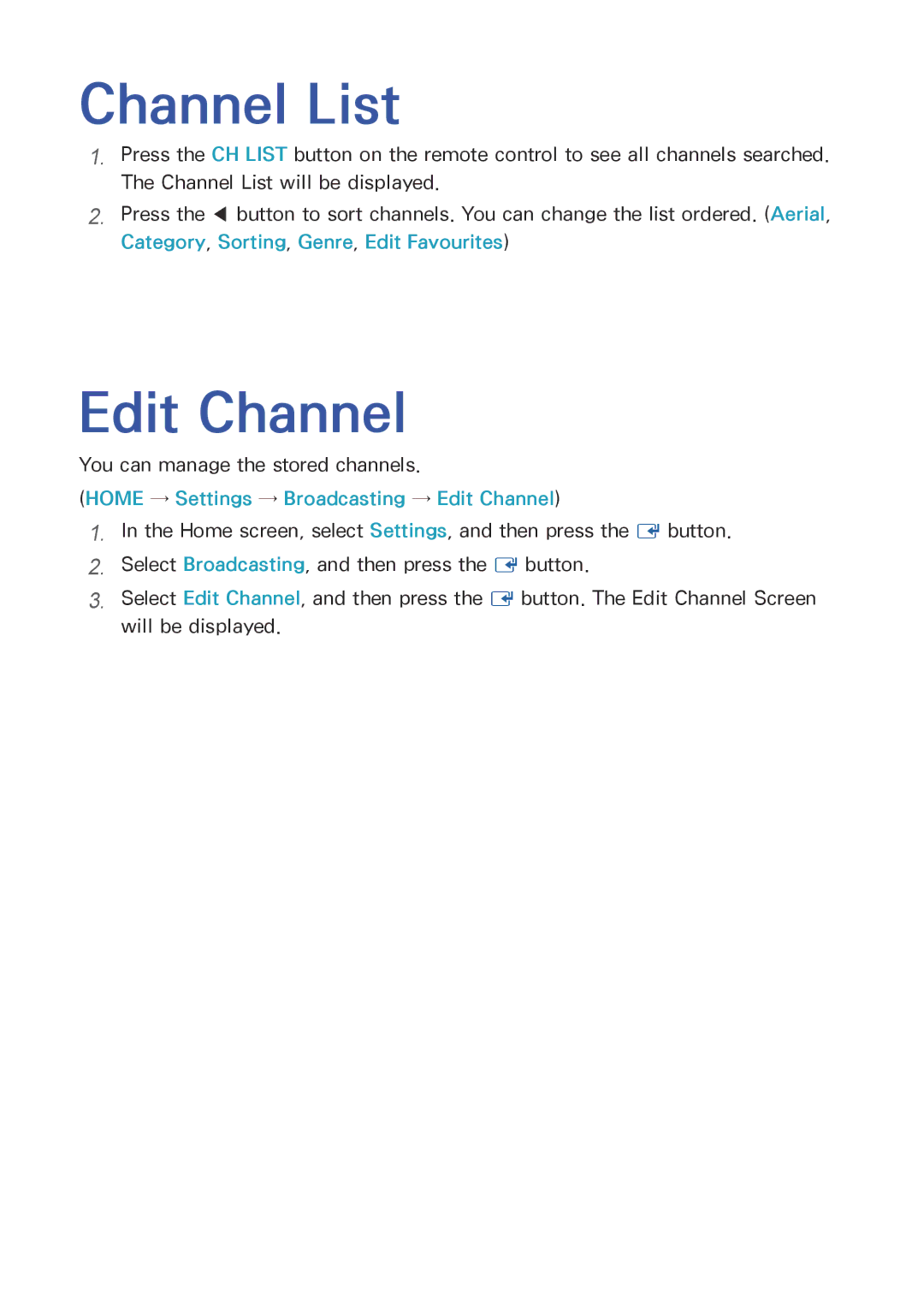 Samsung BD-H8500M/XU, BD-H8909S/ZG, BD-H8500/EN, BD-H8509S/ZG Channel List, Edit Channel, You can manage the stored channels 