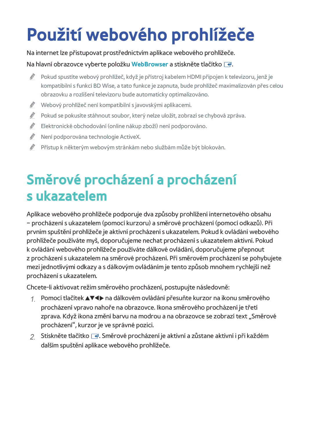 Samsung BD-H8500/EN, BD-H8909S/ZG, BD-H8509S/ZG Použití webového prohlížeče, Směrové procházení a procházení s ukazatelem 