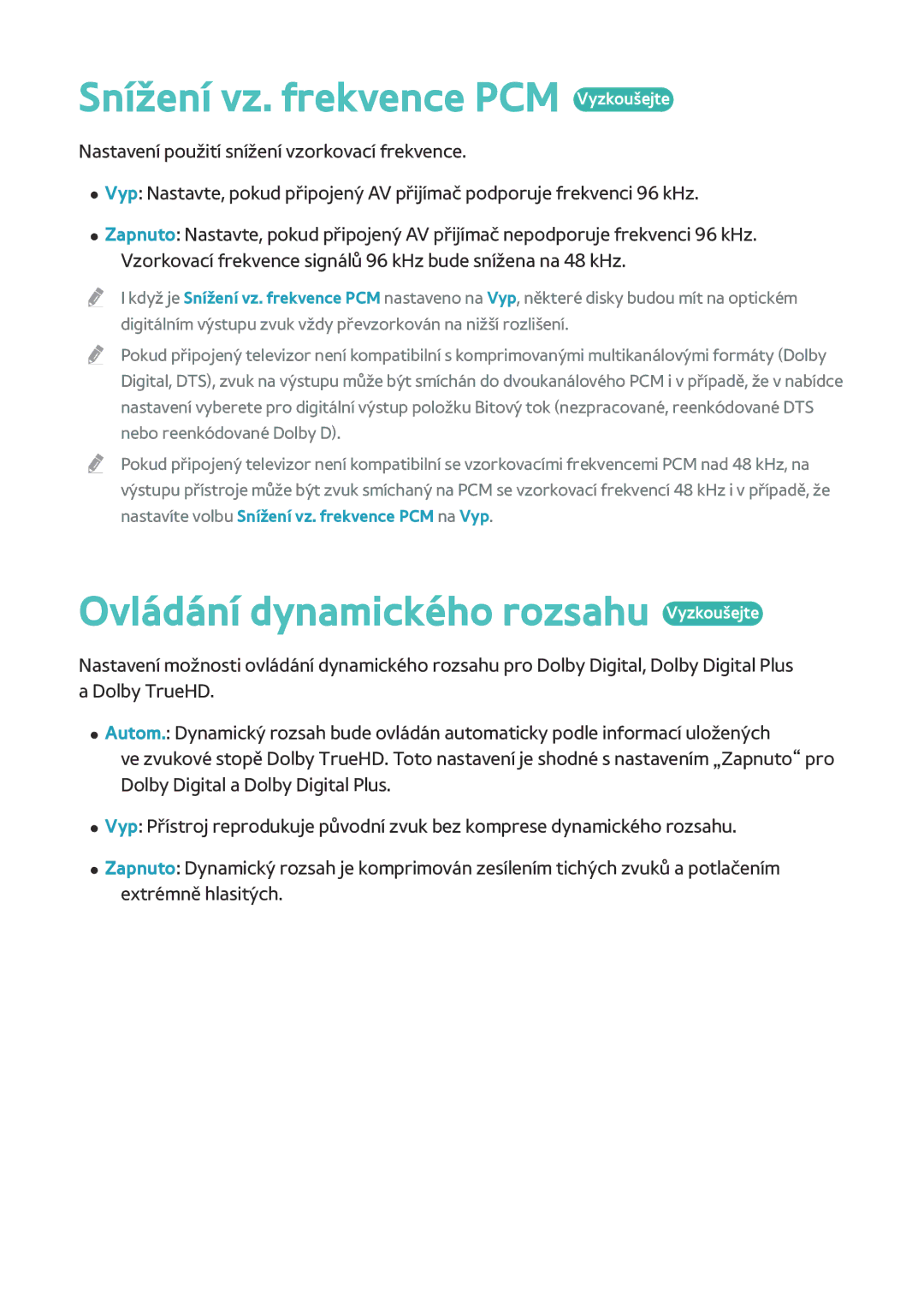 Samsung BD-H8500/ZF, BD-H8909S/ZG manual Snížení vz. frekvence PCM Vyzkoušejte, Ovládání dynamického rozsahu Vyzkoušejte 