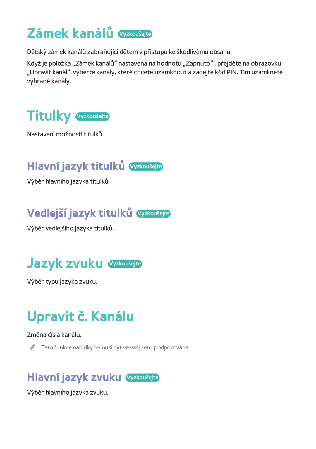 Samsung BD-H8509S/ZG, BD-H8909S/ZG, BD-H8500/EN manual Zámek kanálů Vyzkoušejte, Jazyk zvuku Vyzkoušejte, Upravit č. Kanálu 