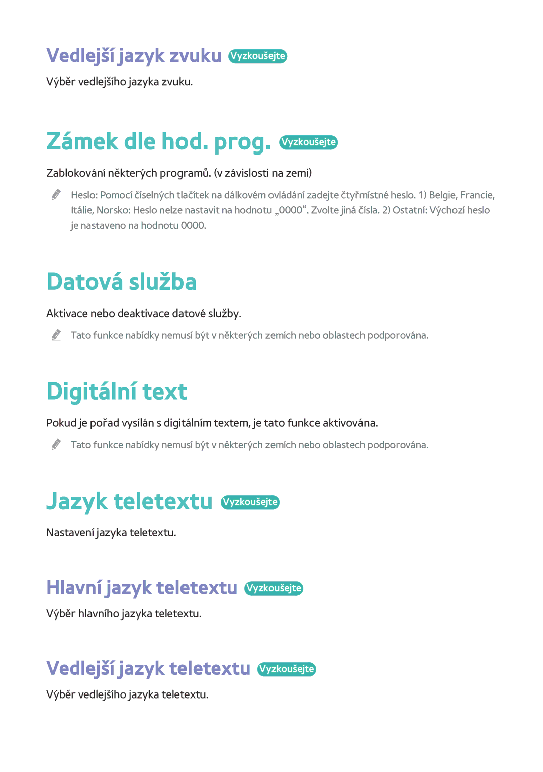 Samsung BD-H8900/EN manual Zámek dle hod. prog. Vyzkoušejte, Datová služba, Digitální text, Jazyk teletextu Vyzkoušejte 