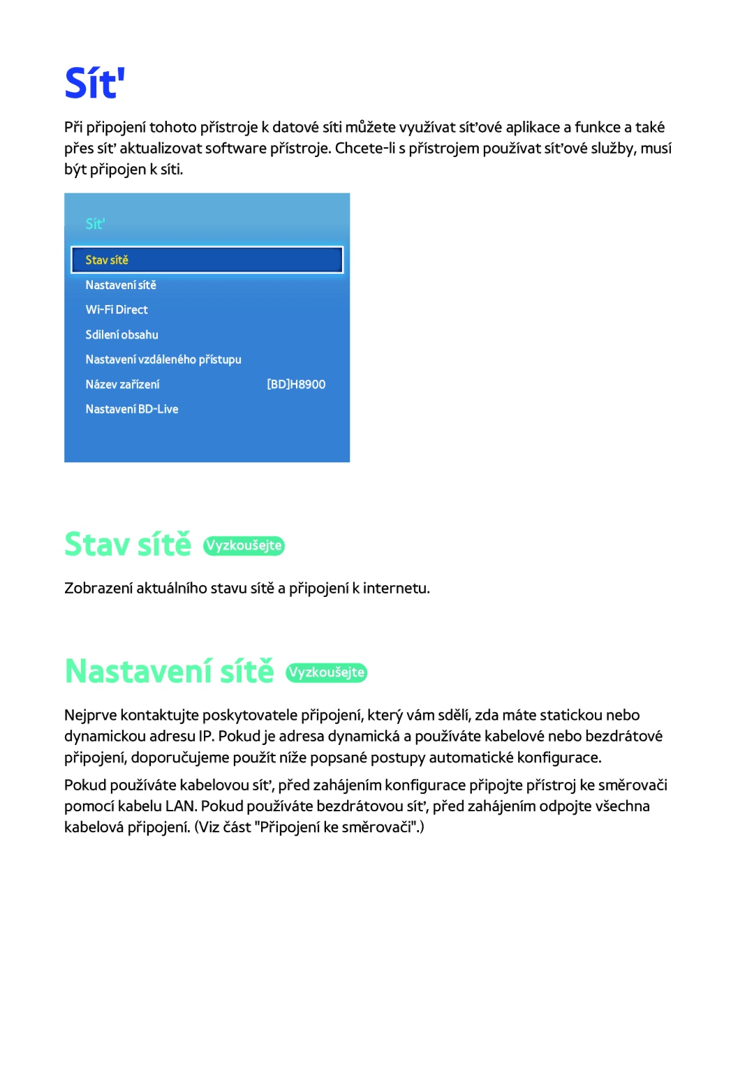 Samsung BD-H8500/ZF, BD-H8909S/ZG, BD-H8500/EN, BD-H8509S/ZG manual Sít, Stav sítě Vyzkoušejte, Nastavení sítě Vyzkoušejte 