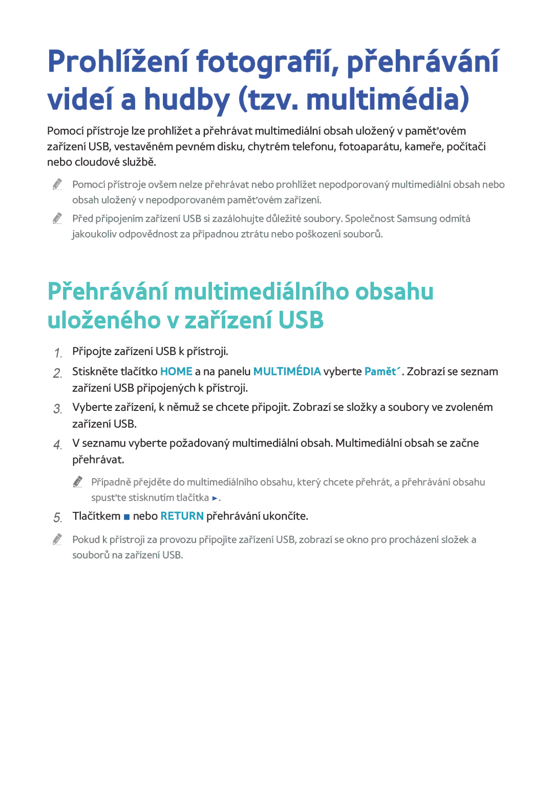 Samsung BD-H8500M/XU Přehrávání multimediálního obsahu uloženého v zařízení USB, Tlačítkem nebo Return přehrávání ukončíte 