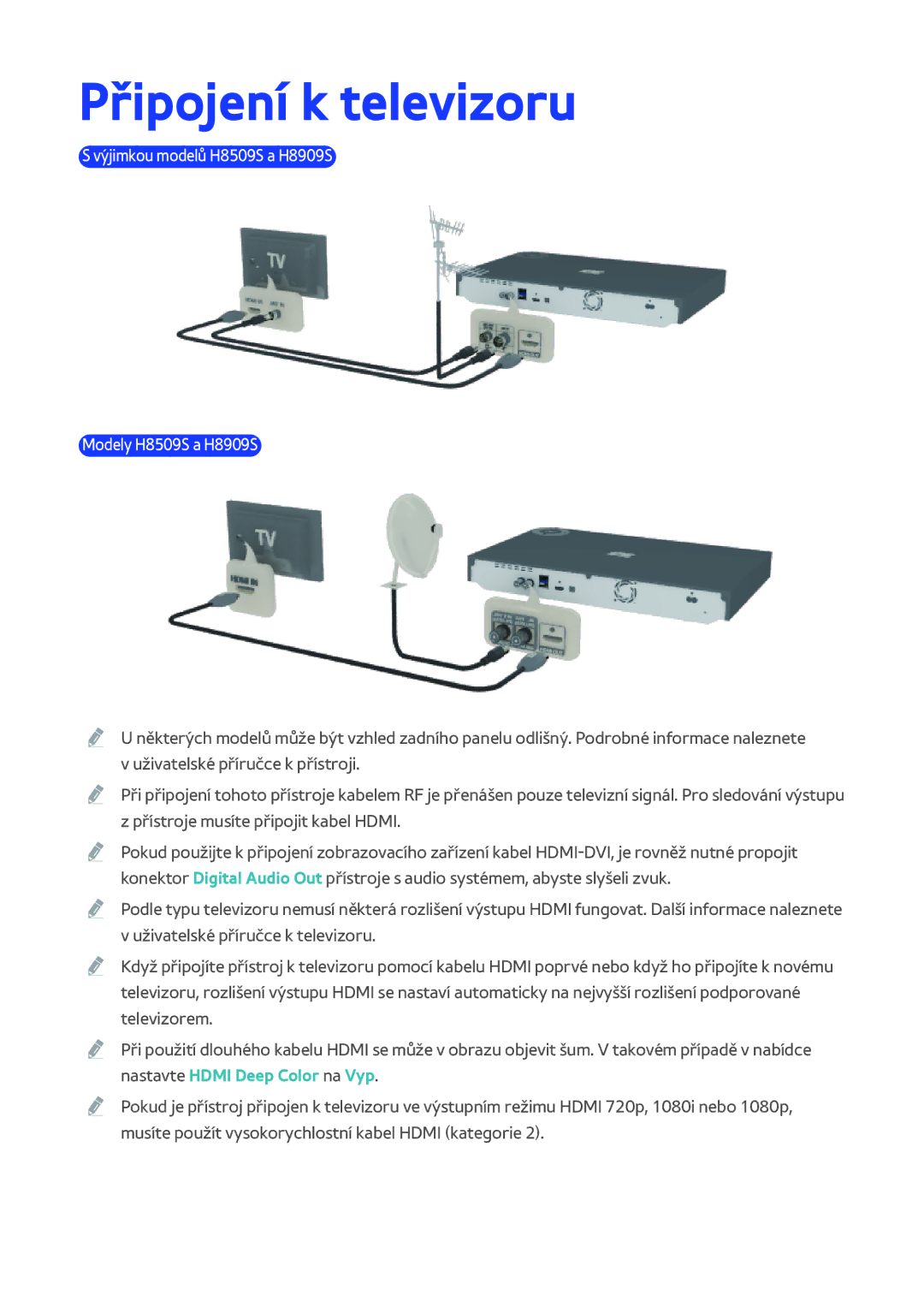 Samsung BD-H8500N/XE, BD-H8909S/ZG manual Připojení k televizoru, Výjimkou modelů H8509S a H8909S Modely H8509S a H8909S 