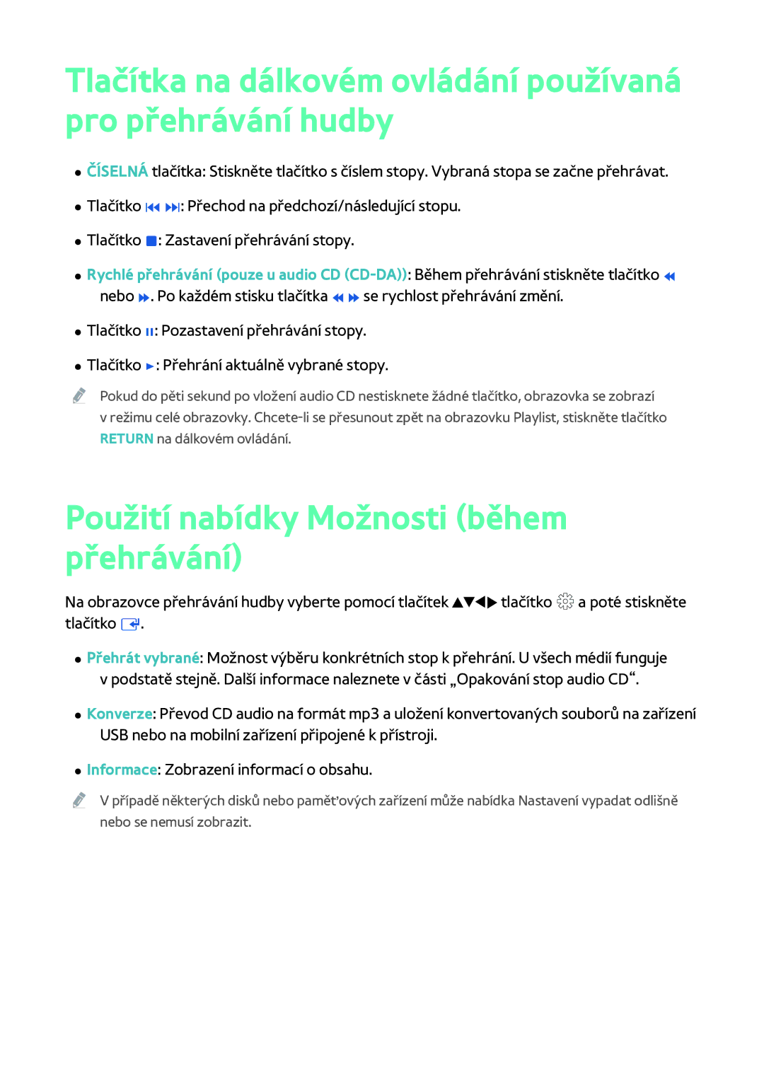 Samsung BD-H8500M/XU, BD-H8909S/ZG, BD-H8500/EN, BD-H8509S/ZG Tlačítka na dálkovém ovládání používaná pro přehrávání hudby 