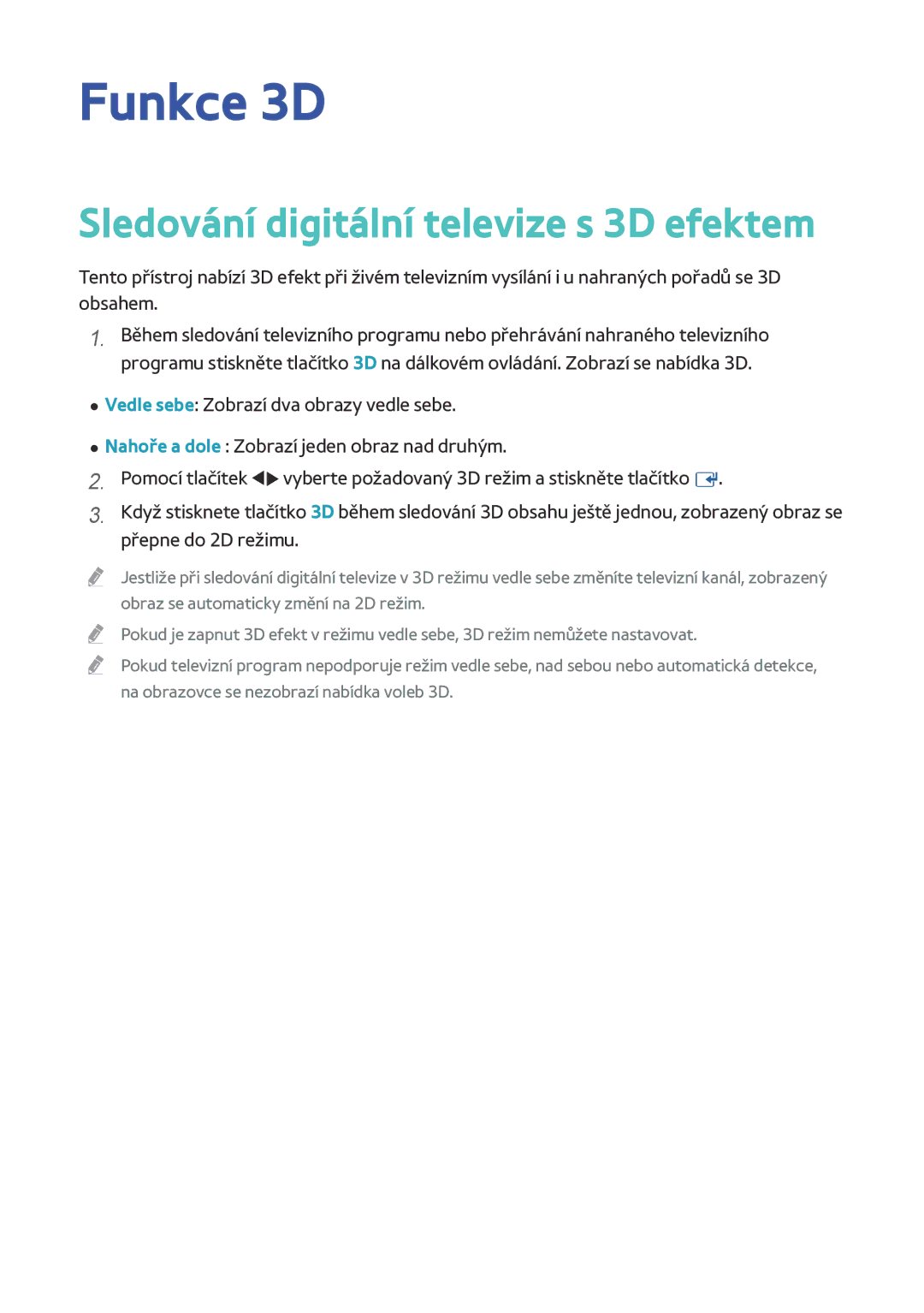 Samsung BD-H8509S/ZG, BD-H8909S/ZG, BD-H8500/EN, BD-H8900/EN manual Funkce 3D, Sledování digitální televize s 3D efektem 