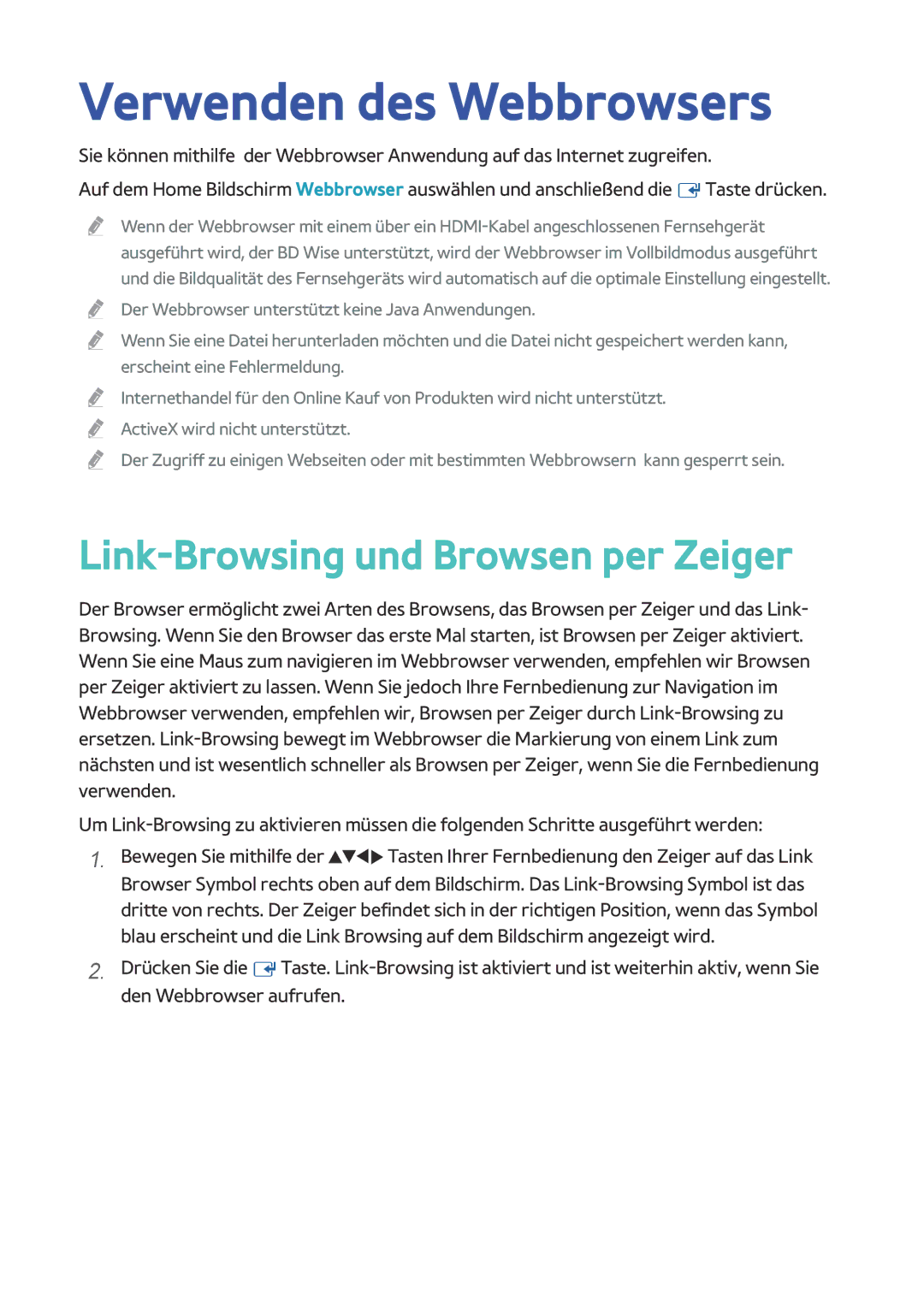 Samsung BD-H8500/EN, BD-H8909S/ZG, BD-H8509S/ZG, BD-H8900/EN Verwenden des Webbrowsers, Link-Browsing und Browsen per Zeiger 