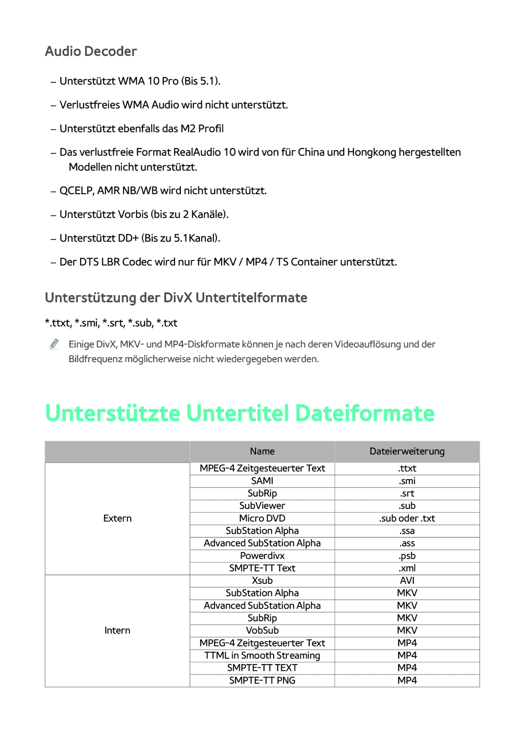 Samsung BD-H8509S/ZG manual Unterstützte Untertitel Dateiformate, Audio Decoder, Unterstützung der DivX Untertitelformate 