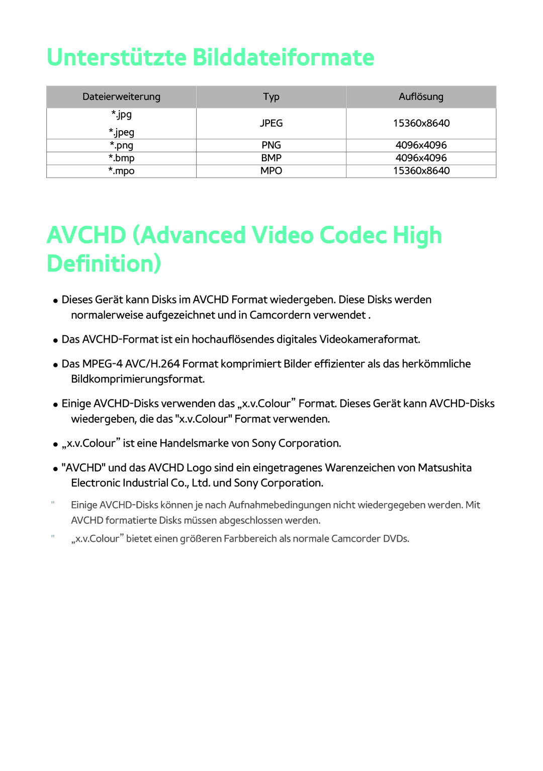 Samsung BD-H8909S/ZG, BD-H8500/EN, BD-H8509S/ZG Unterstützte Bilddateiformate, Avchd Advanced Video Codec High Definition 