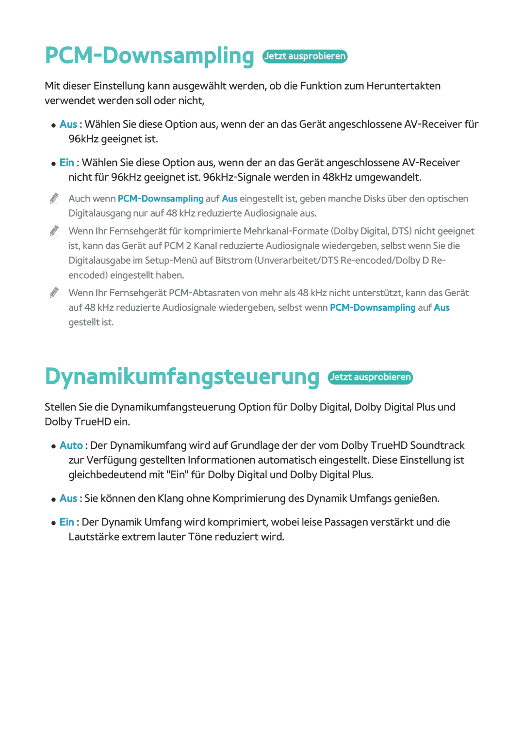 Samsung BD-H8500/EN, BD-H8909S/ZG manual PCM-Downsampling Jetzt ausprobieren, Dynamikumfangsteuerung Jetzt ausprobieren 