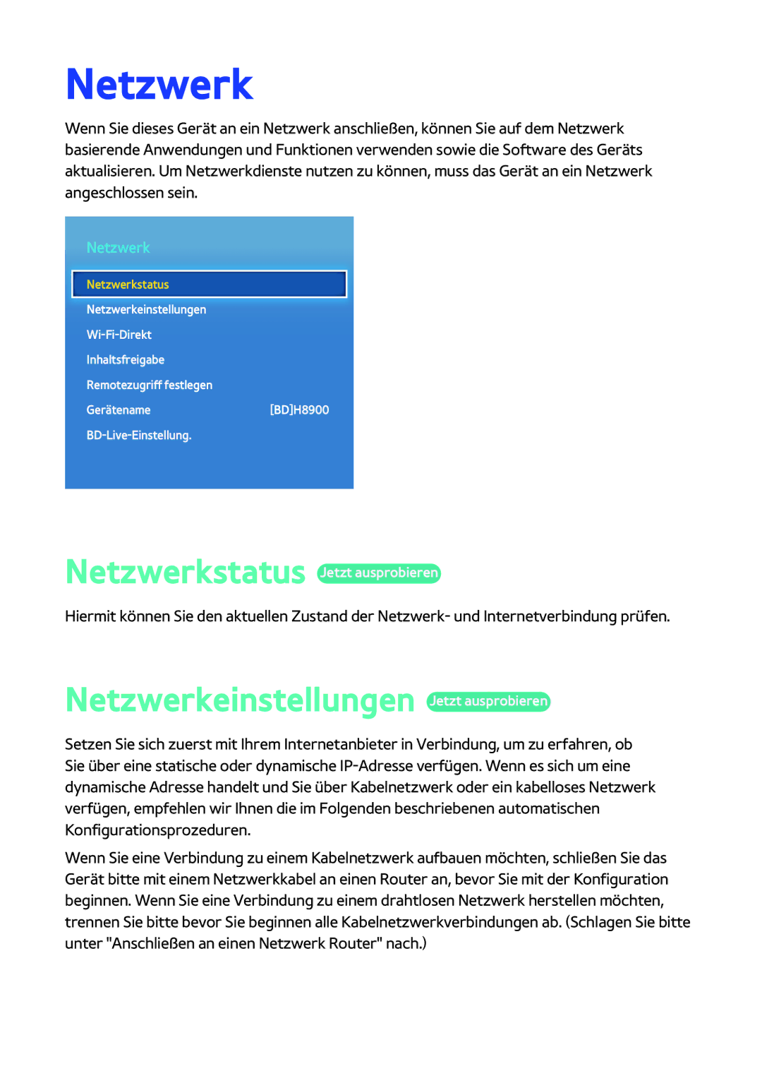 Samsung BD-H8900/EN, BD-H8909S/ZG, BD-H8500/EN, BD-H8509S/ZG manual Netzwerkeinstellungen Jetzt ausprobieren 