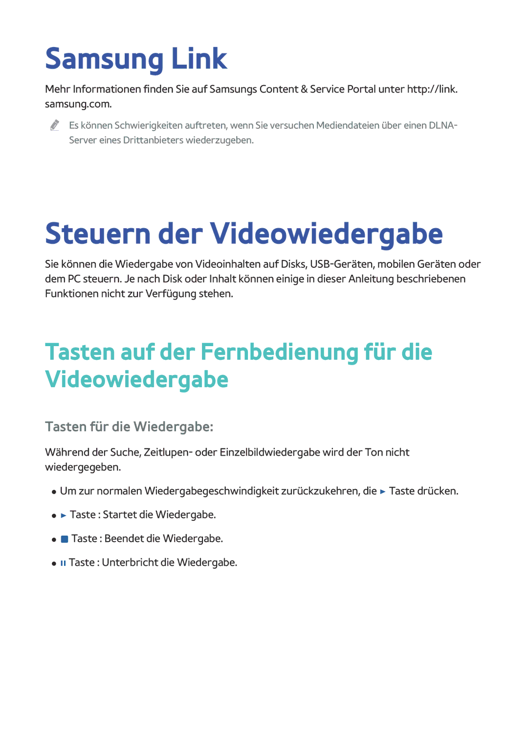 Samsung BD-H8500/EN manual Samsung Link, Steuern der Videowiedergabe, Tasten auf der Fernbedienung für die Videowiedergabe 