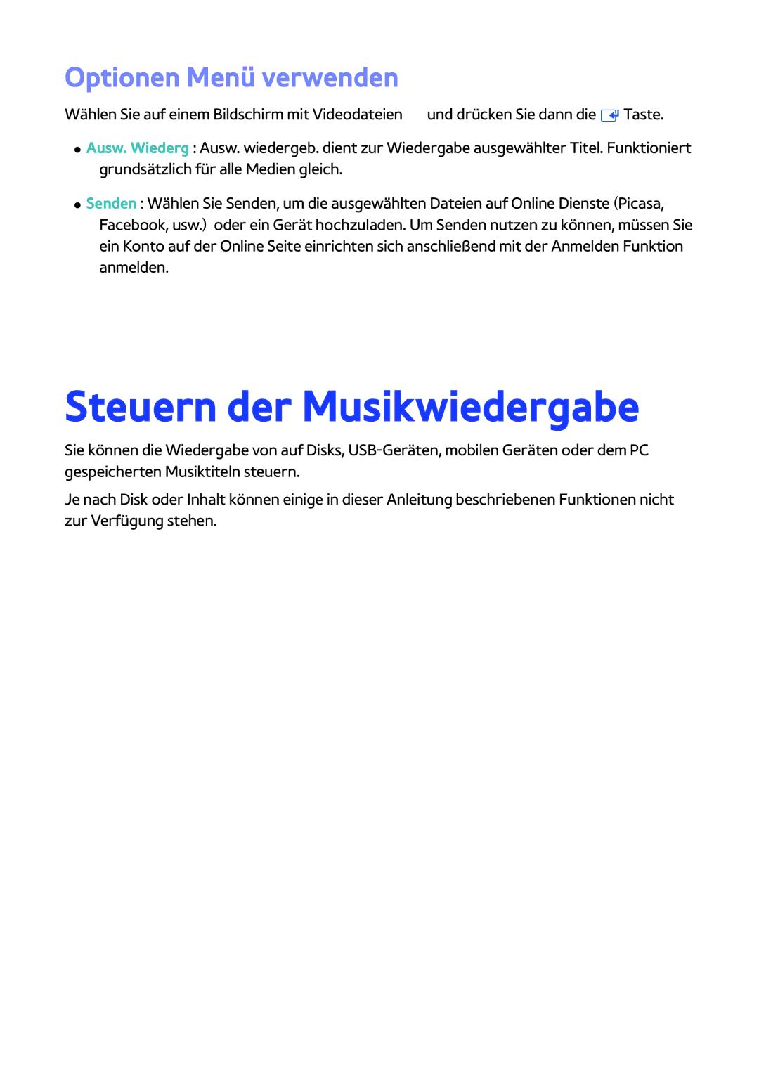 Samsung BD-H8509S/ZG, BD-H8909S/ZG, BD-H8500/EN, BD-H8900/EN manual Steuern der Musikwiedergabe, Optionen Menü verwenden 