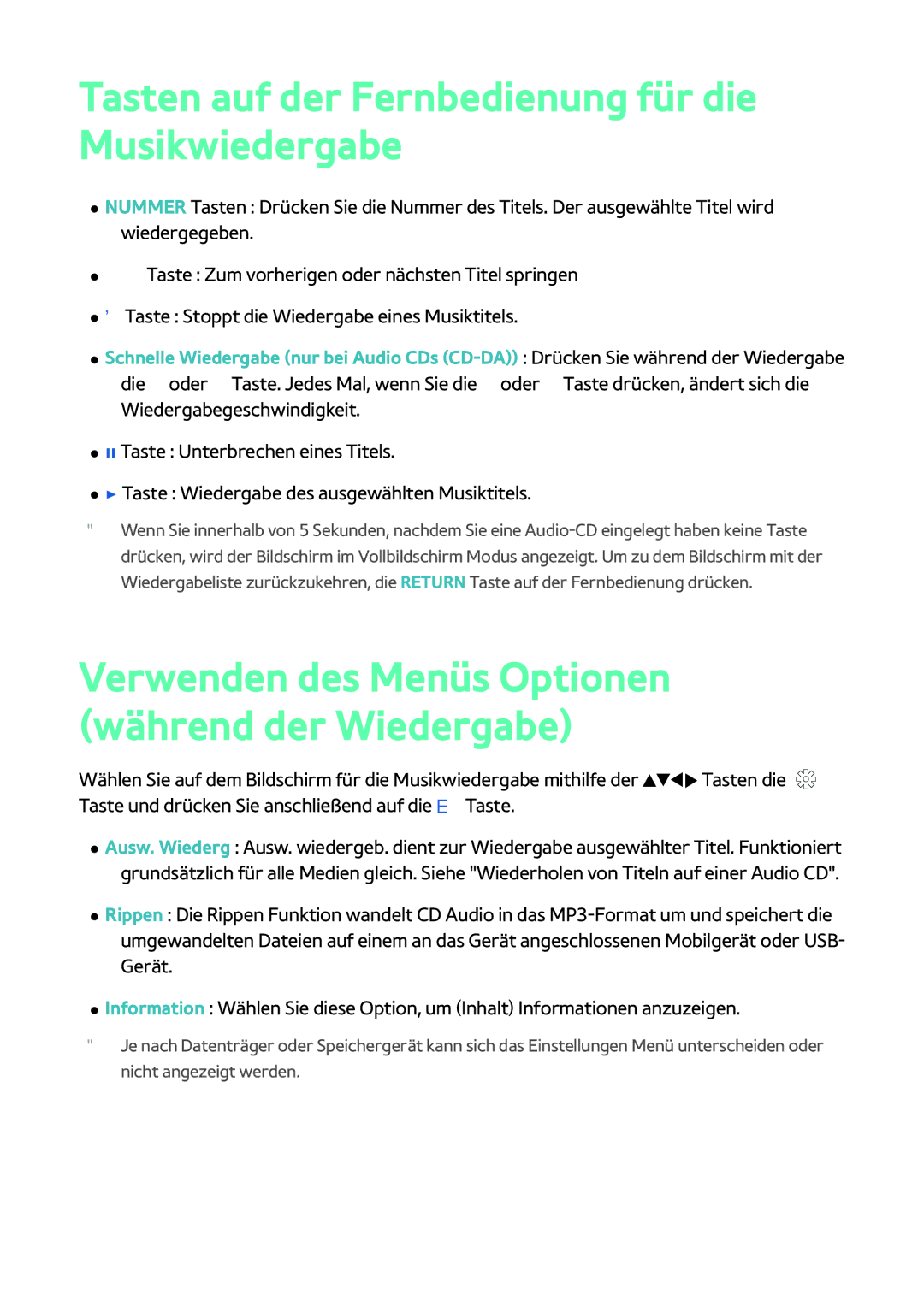 Samsung BD-H8900/EN, BD-H8909S/ZG, BD-H8500/EN, BD-H8509S/ZG manual Tasten auf der Fernbedienung für die Musikwiedergabe 