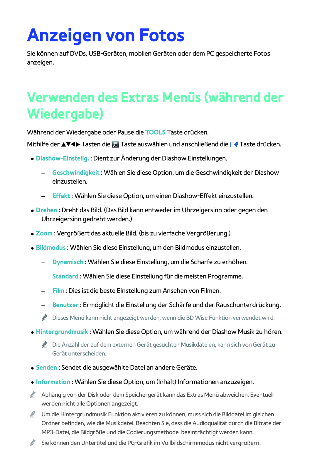 Samsung BD-H8909S/ZG, BD-H8500/EN, BD-H8509S/ZG manual Anzeigen von Fotos, Verwenden des Extras Menüs während der Wiedergabe 