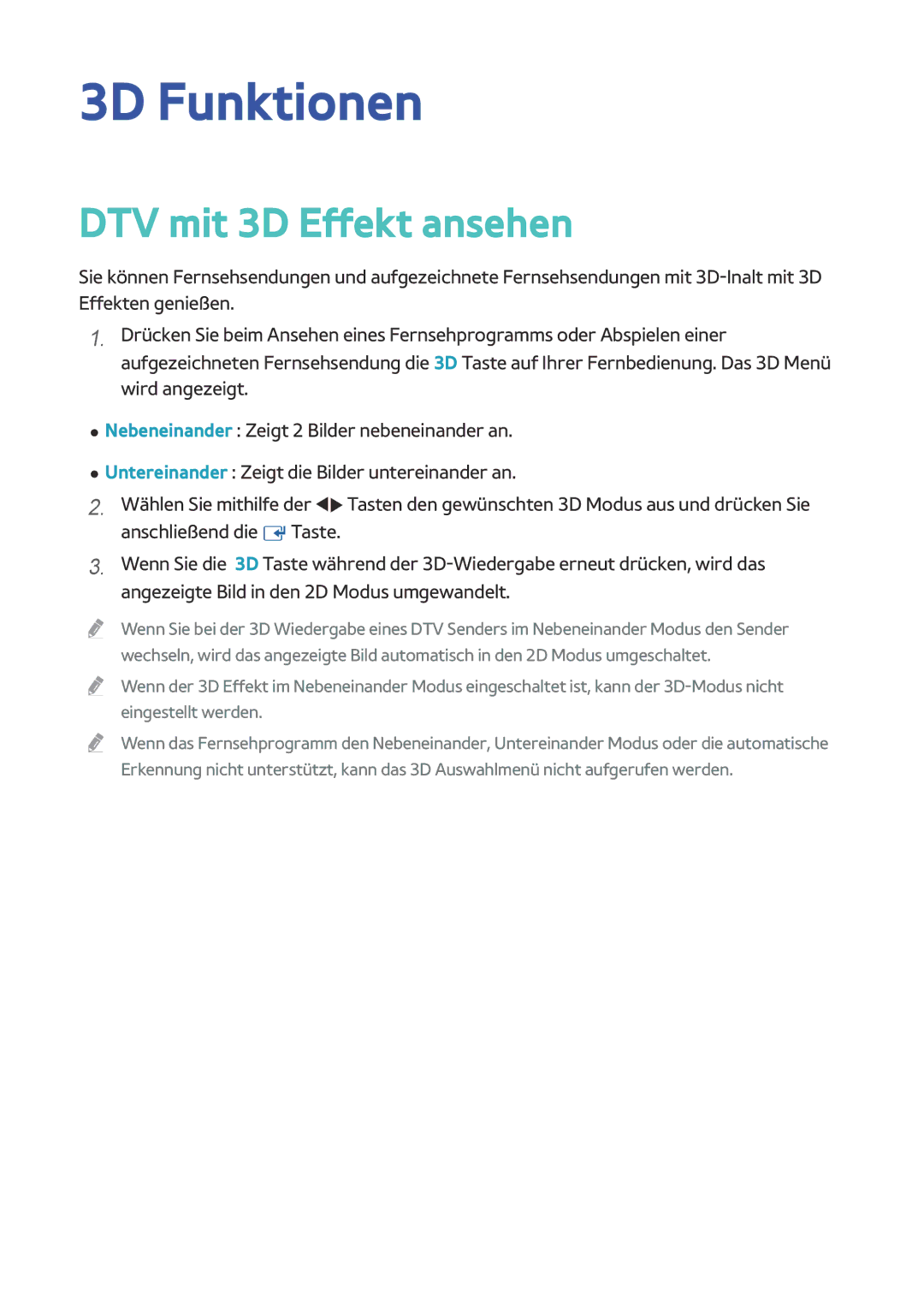 Samsung BD-H8909S/ZG, BD-H8500/EN, BD-H8509S/ZG, BD-H8900/EN manual 3D Funktionen, DTV mit 3D Effekt ansehen 