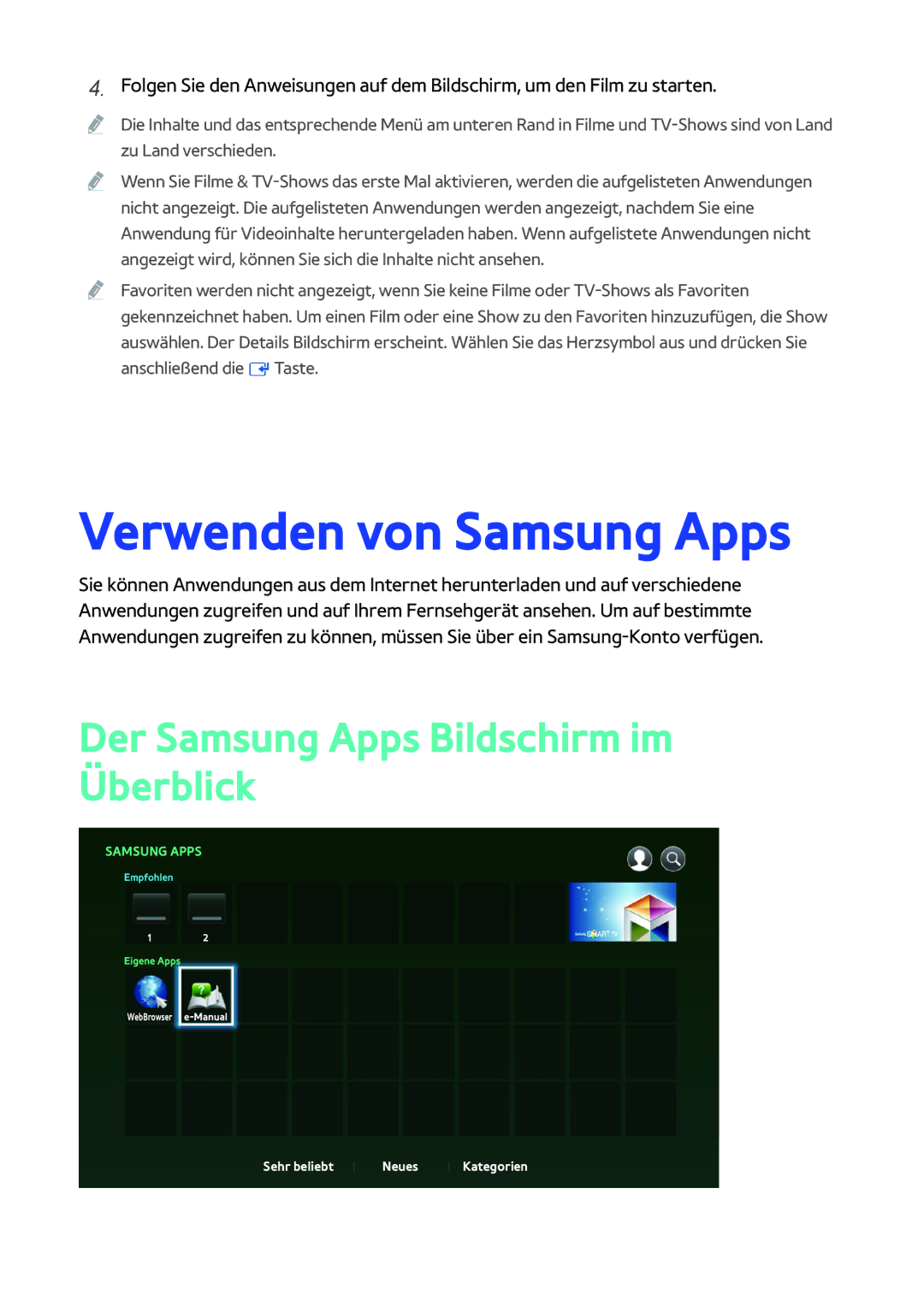 Samsung BD-H8909S/ZG, BD-H8500/EN, BD-H8509S/ZG manual Verwenden von Samsung Apps, Der Samsung Apps Bildschirm im Überblick 