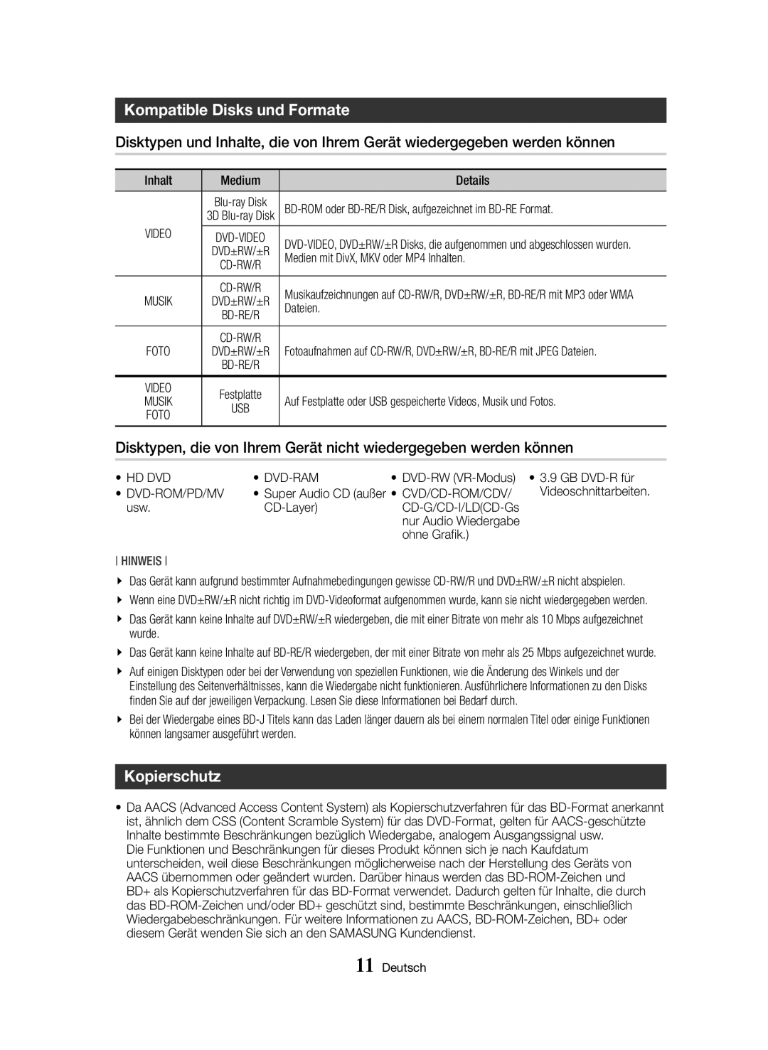 Samsung BD-H8509S/ZG, BD-H8909S/ZG manual Kompatible Disks und Formate, Kopierschutz 