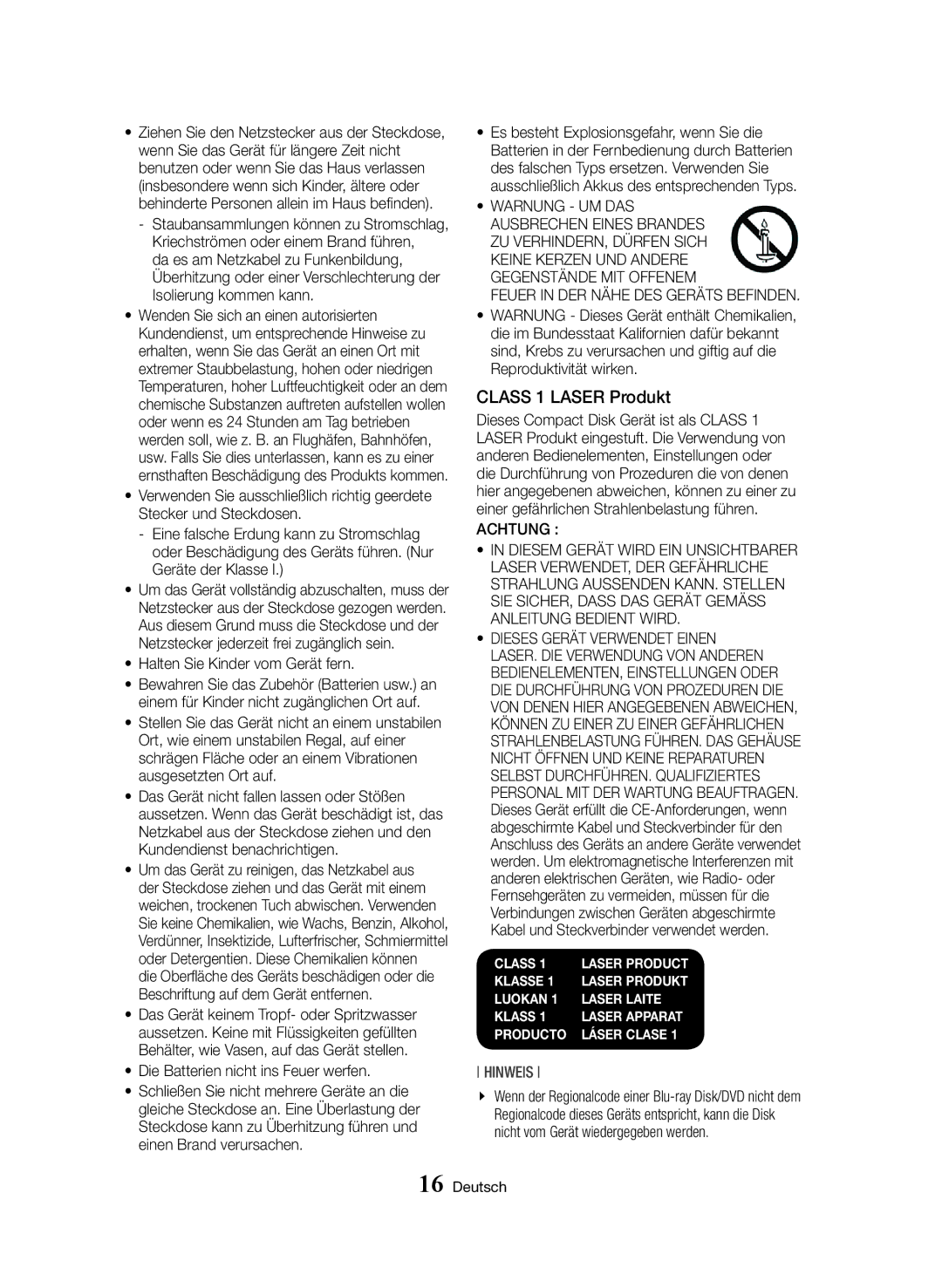 Samsung BD-H8909S/ZG, BD-H8509S/ZG manual Halten Sie Kinder vom Gerät fern, Die Batterien nicht ins Feuer werfen, Achtung 