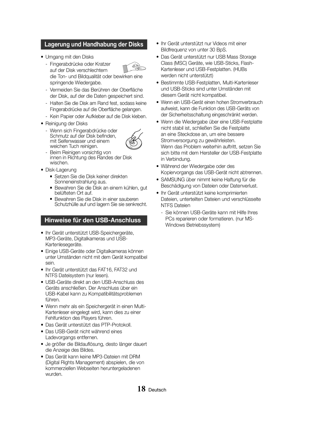 Samsung BD-H8909S/ZG, BD-H8509S/ZG manual Hinweise für den USB-Anschluss, Reinigung der Disks 