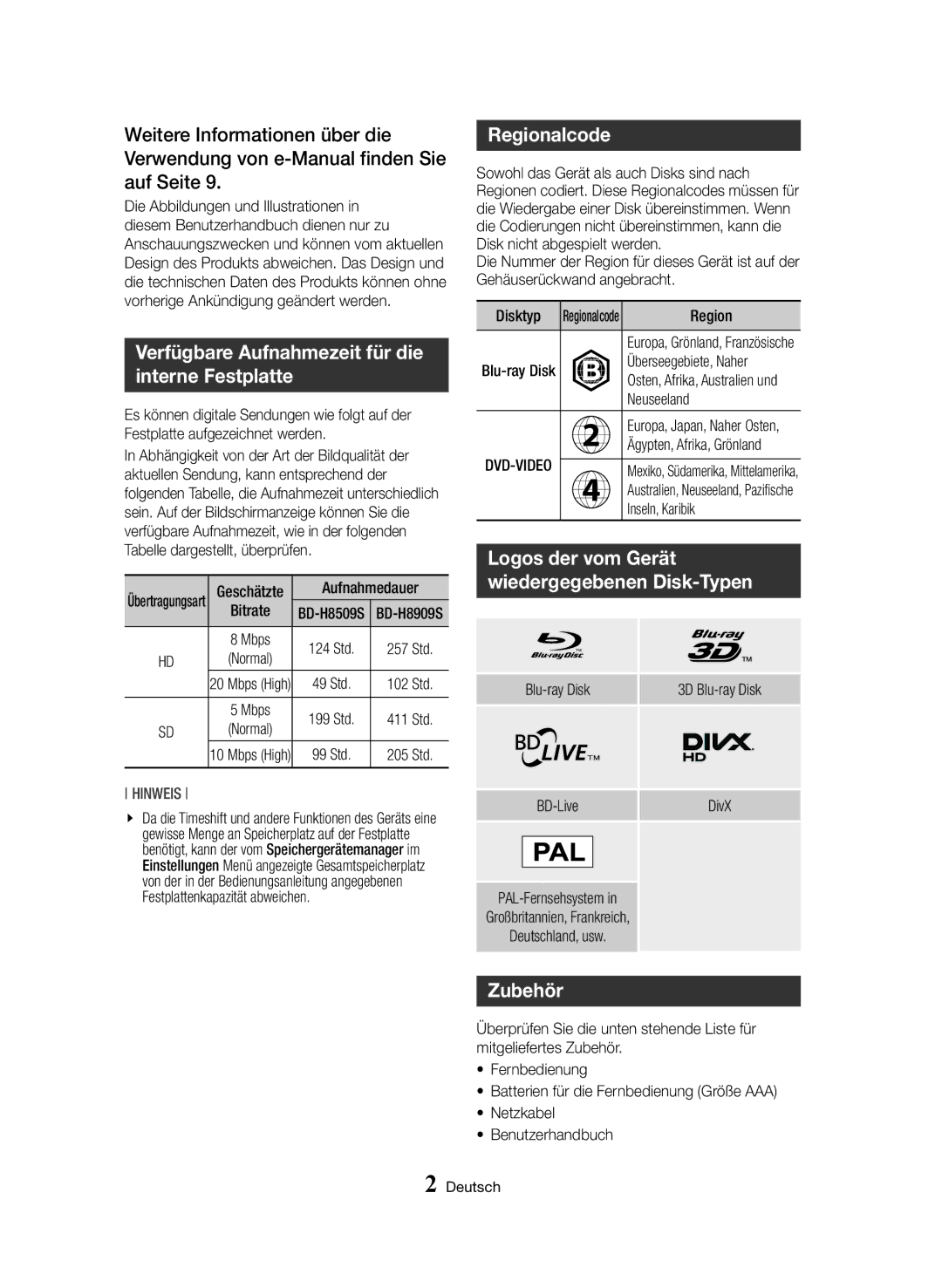 Samsung BD-H8909S/ZG, BD-H8509S/ZG manual Verfügbare Aufnahmezeit für die interne Festplatte, Regionalcode, Zubehör 