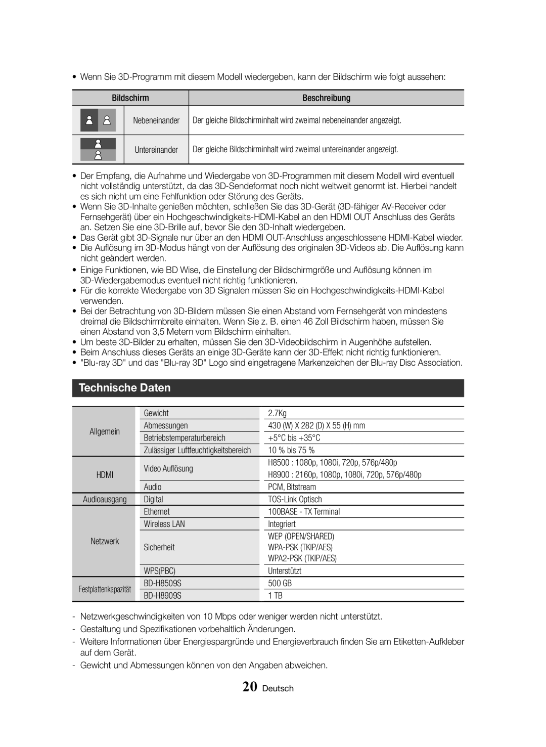 Samsung BD-H8909S/ZG, BD-H8509S/ZG manual Technische Daten 