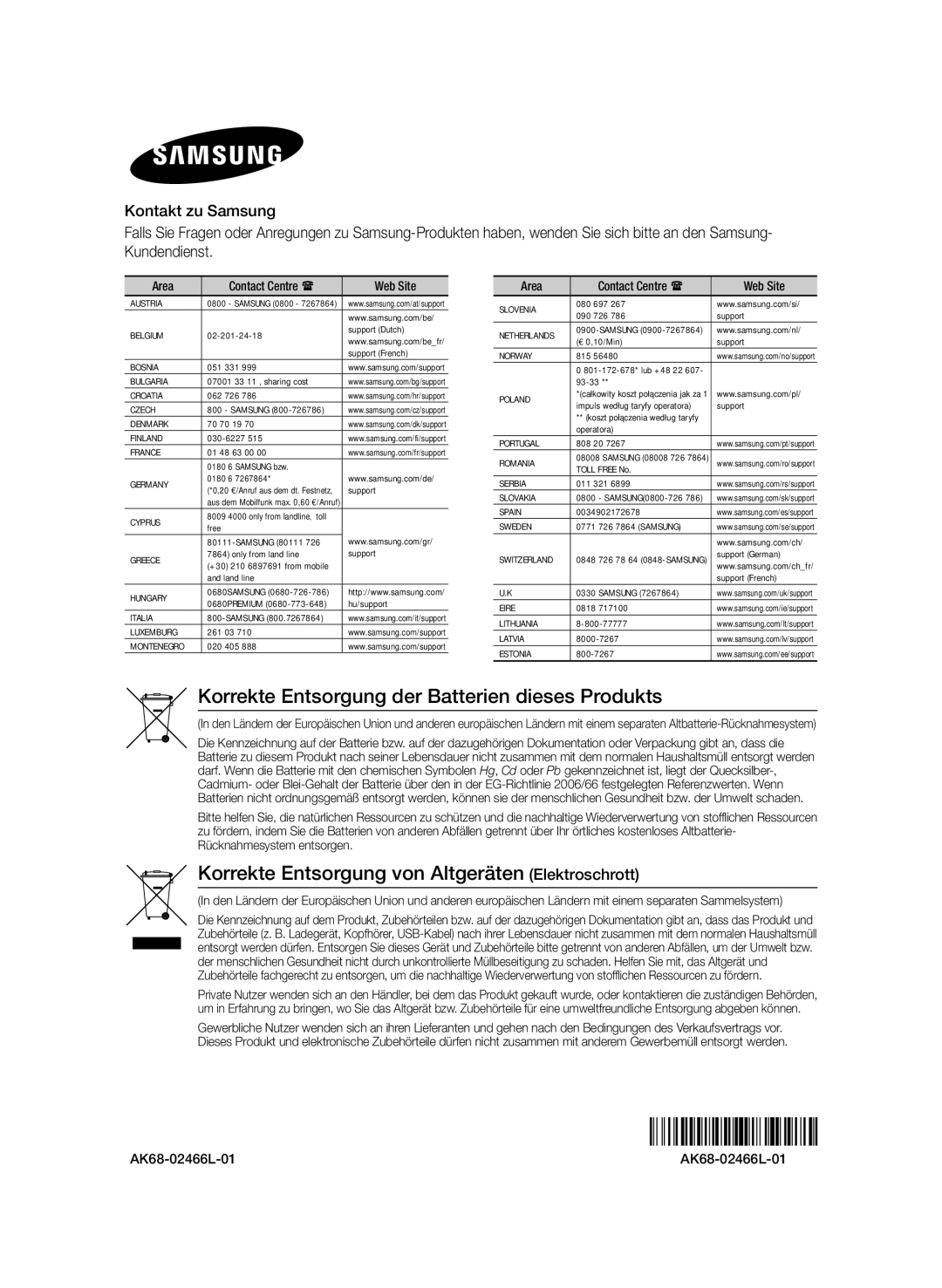 Samsung BD-H8909S/ZG Korrekte Entsorgung der Batterien dieses Produkts, Korrekte Entsorgung von Altgeräten Elektroschrott 