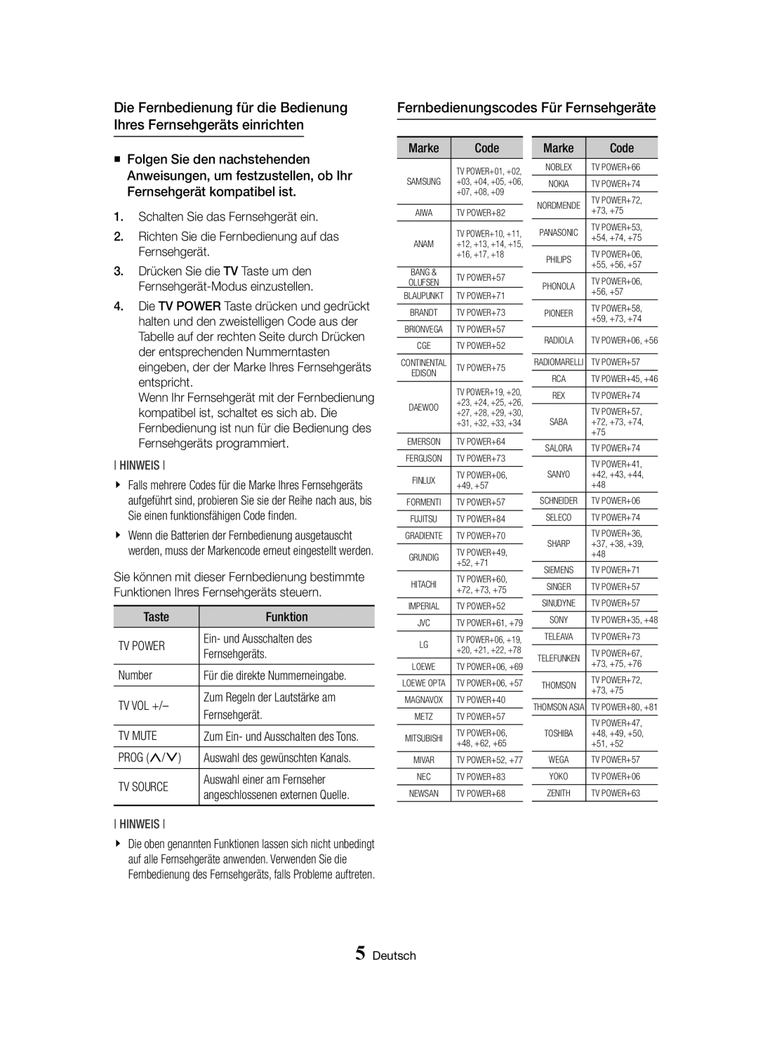 Samsung BD-H8509S/ZG, BD-H8909S/ZG manual TasteFunktion Ein- und Ausschalten des Fernsehgeräts, Code 