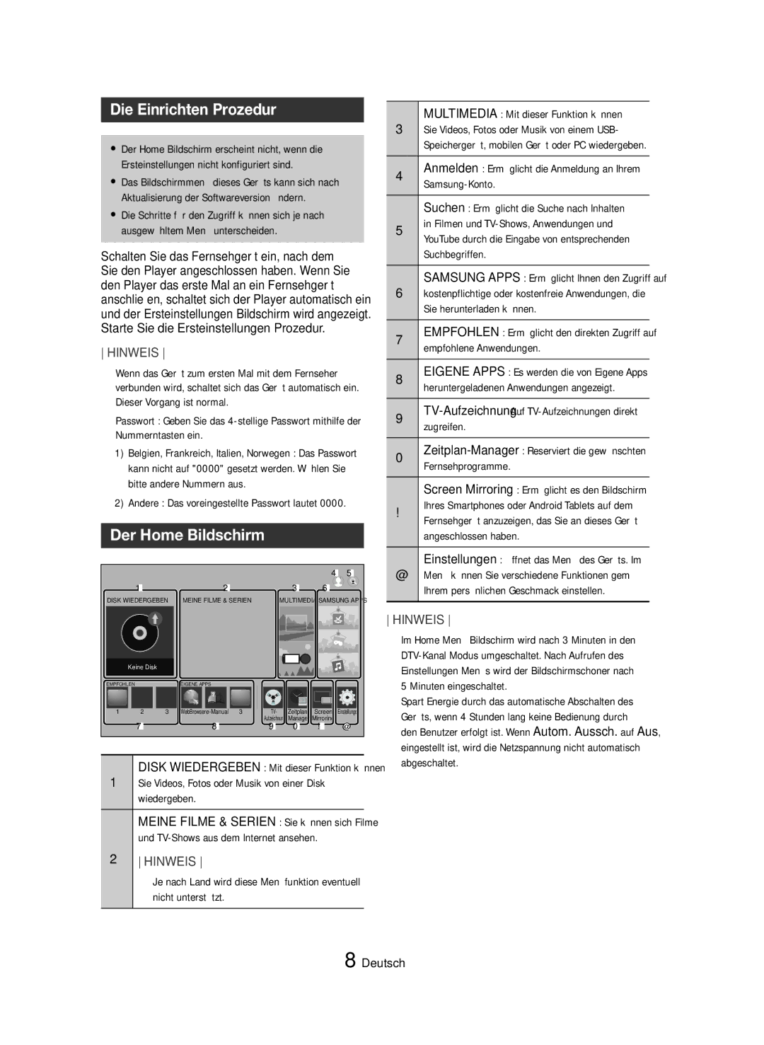 Samsung BD-H8909S/ZG, BD-H8509S/ZG manual Die Einrichten Prozedur, Der Home Bildschirm 