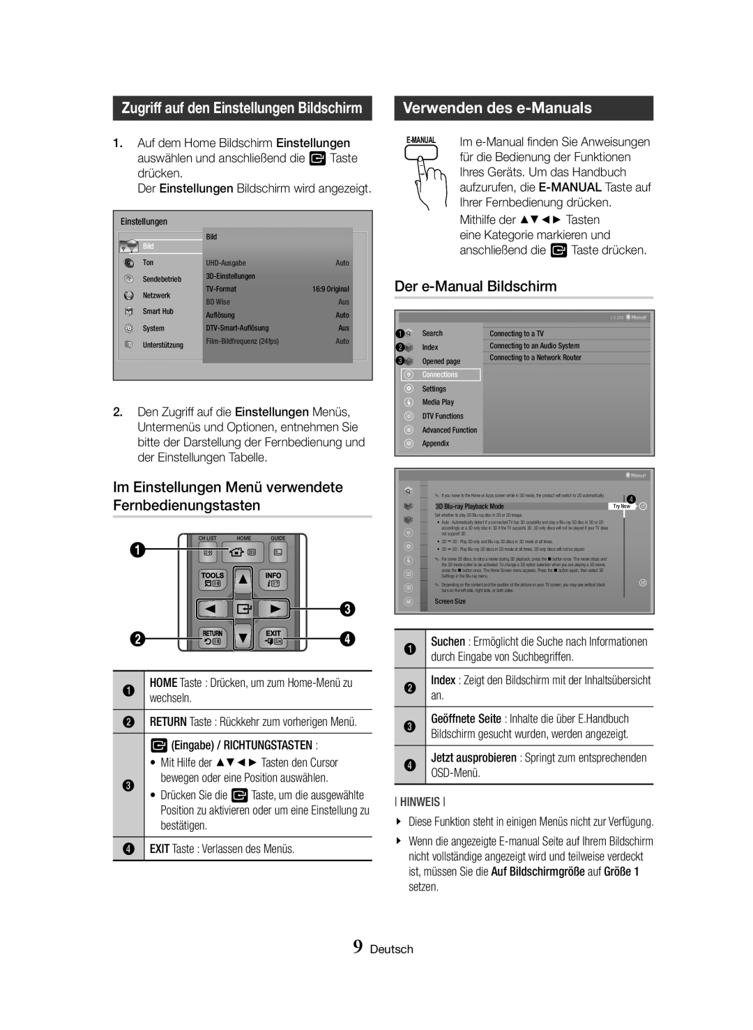 Samsung BD-H8509S/ZG, BD-H8909S/ZG manual Verwenden des e-Manuals, Der e-Manual Bildschirm 