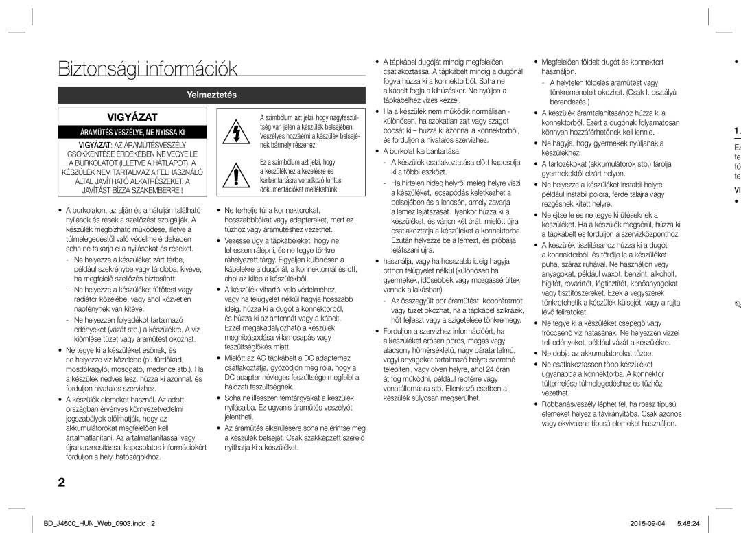 Samsung BD-J4500/EN, BD-J4500/XN manual Biztonsági információk, Yelmeztetés, Vigyázat AZ Áramütésveszély 