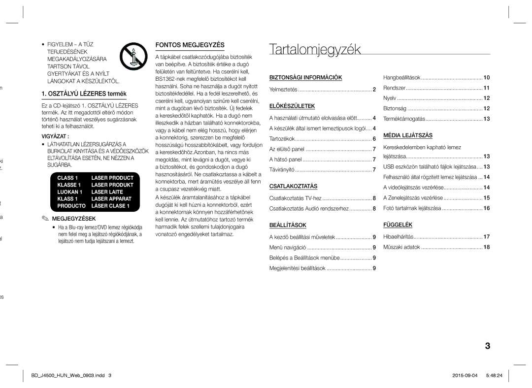 Samsung BD-J4500/XN, BD-J4500/EN manual Tartalomjegyzék, Osztályú Lézeres termék 