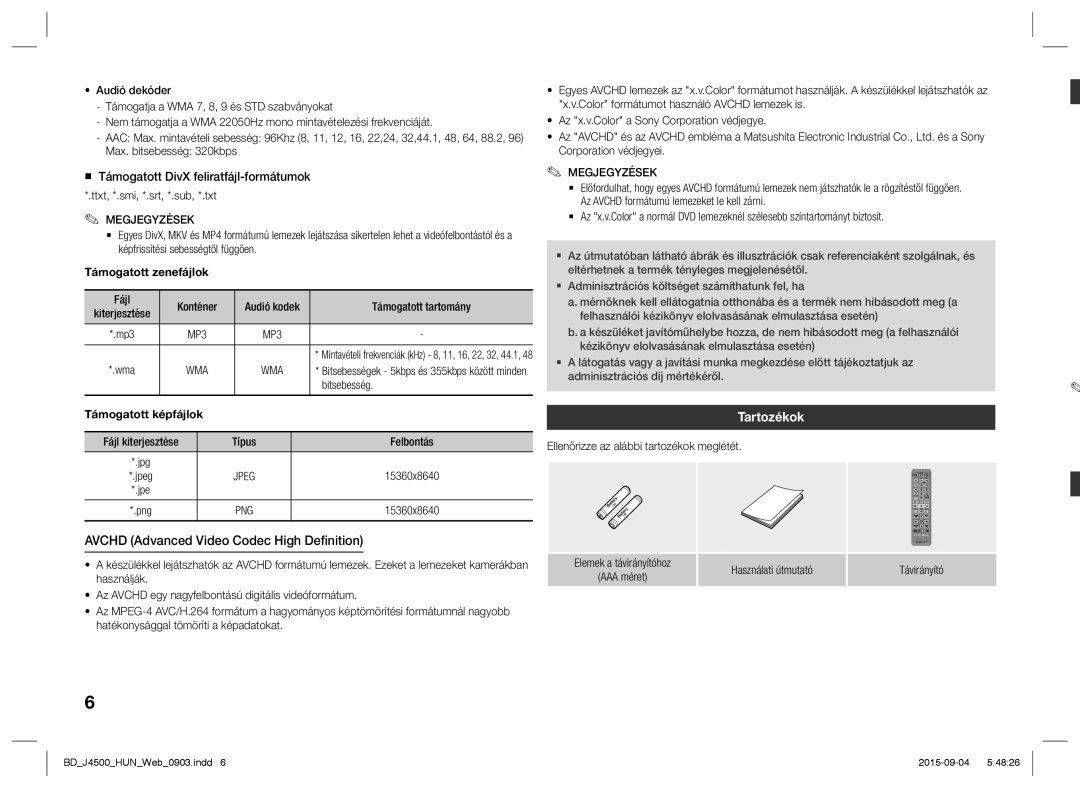 Samsung BD-J4500/EN, BD-J4500/XN manual Avchd Advanced Video Codec High Definition, Tartozékok, Támogatott zenefájlok, Wma 