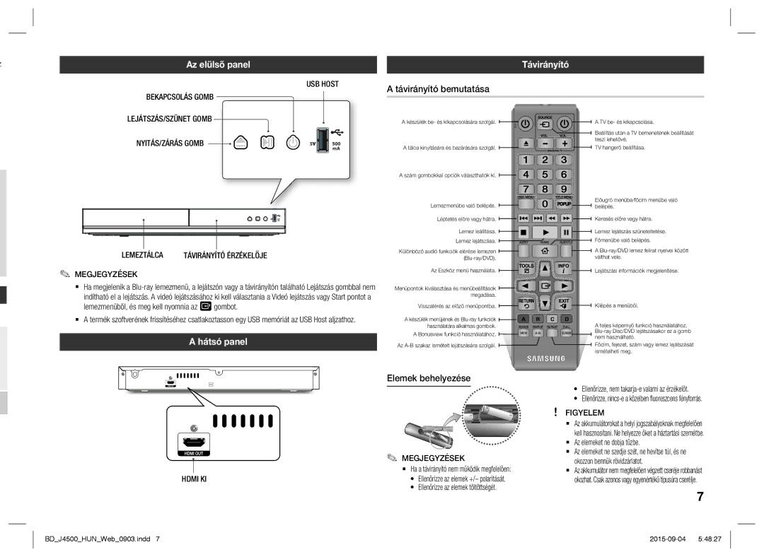 Samsung BD-J4500/XN, BD-J4500/EN manual Távirányító bemutatása, Hátsó panel, Elemek behelyezése 