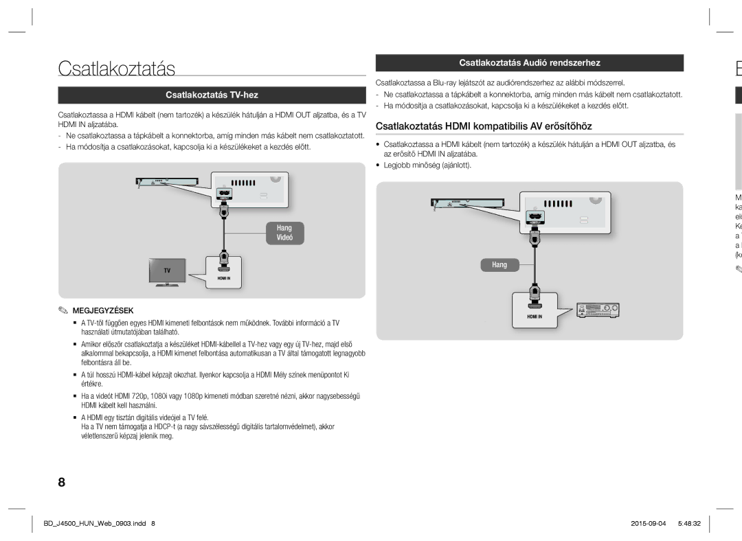 Samsung BD-J4500/EN, BD-J4500/XN manual Csatlakoztatás TV-hez, Csatlakoztatás Audió rendszerhez 