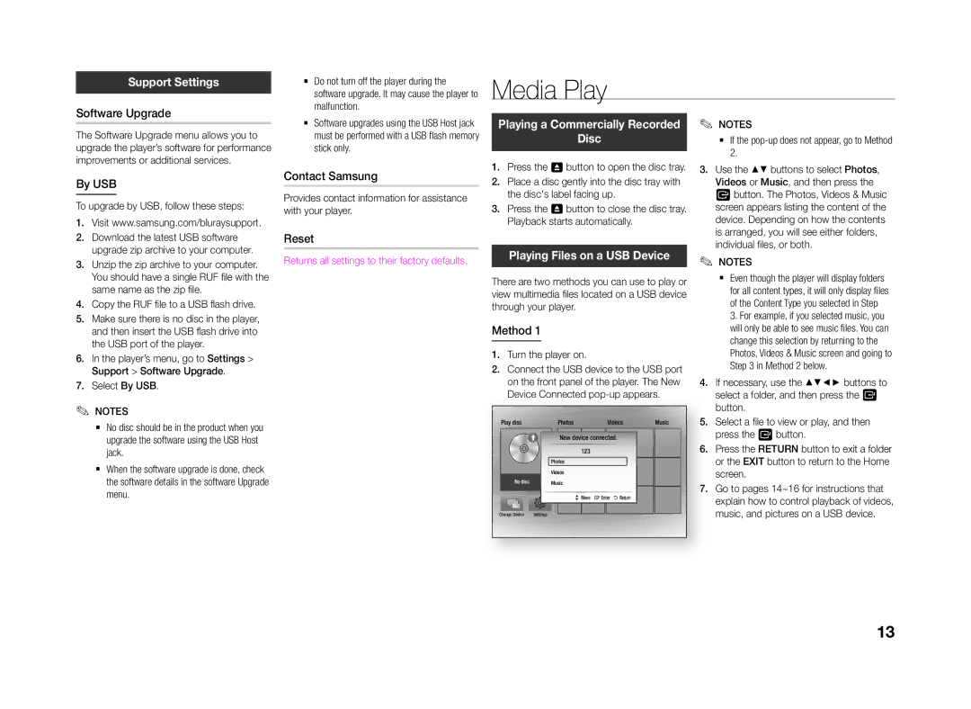 Samsung BD-J4500/ZF, BD-J4500/EN, BD-J4500/XN, BD-J4500/XE manual Media Play, Support Settings, Playing Files on a USB Device 