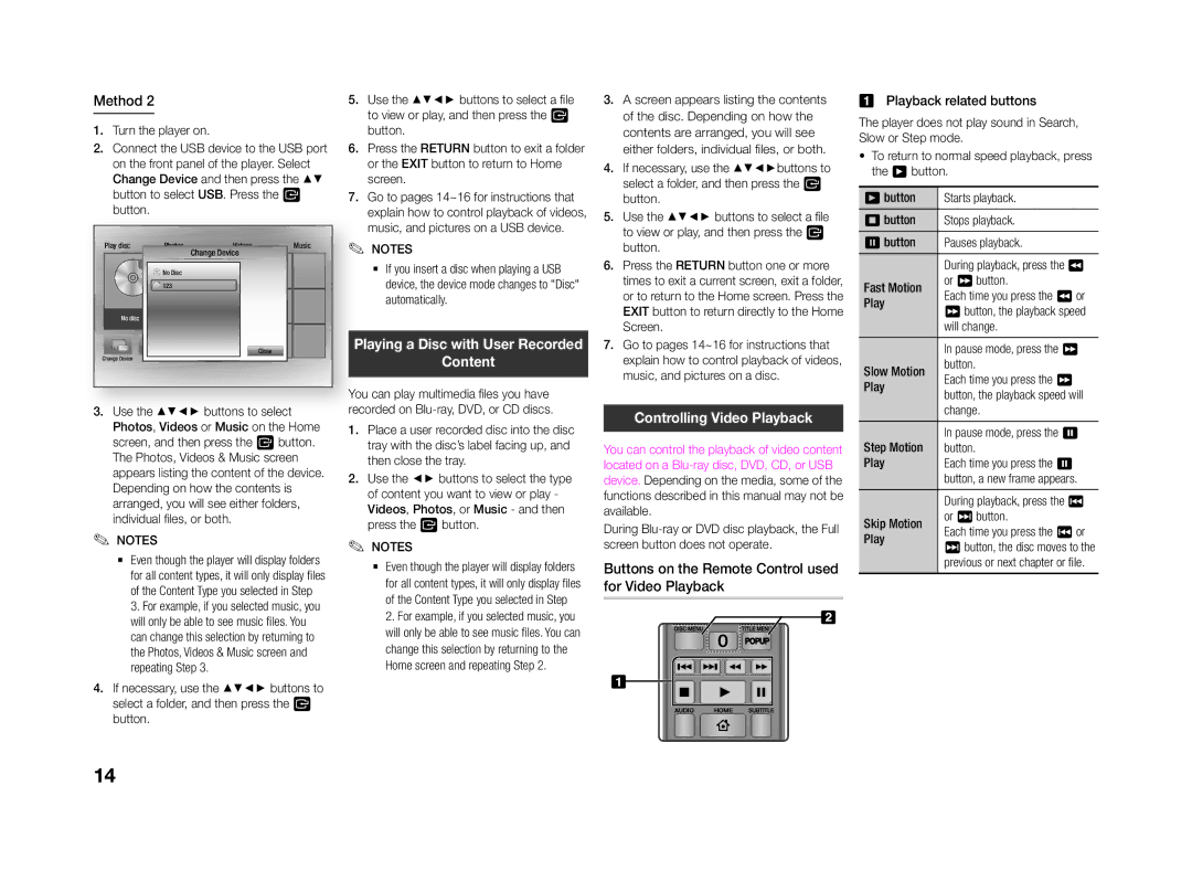 Samsung BD-J4500/XN manual Content, Controlling Video Playback, Buttons on the Remote Control used for Video Playback 