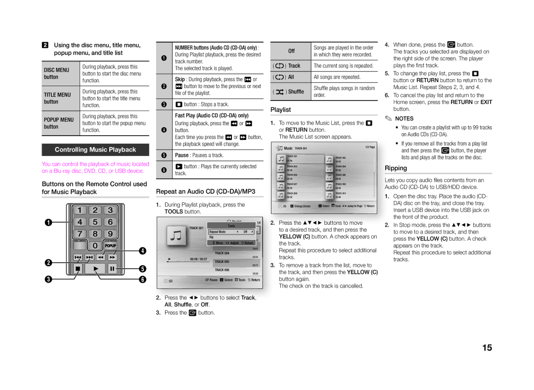 Samsung BD-J4500/XE, BD-J4500/EN, BD-J4500/ZF manual Playlist, Controlling Music Playback, Ripping, Disc Menu, Title Menu 