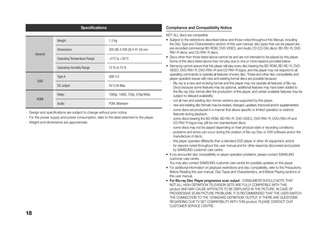 Samsung BD-J4500/XN manual Specifications, Compliance and Compatibility Notice, Weight, Type a USB DC output 5V 0.5A Max 