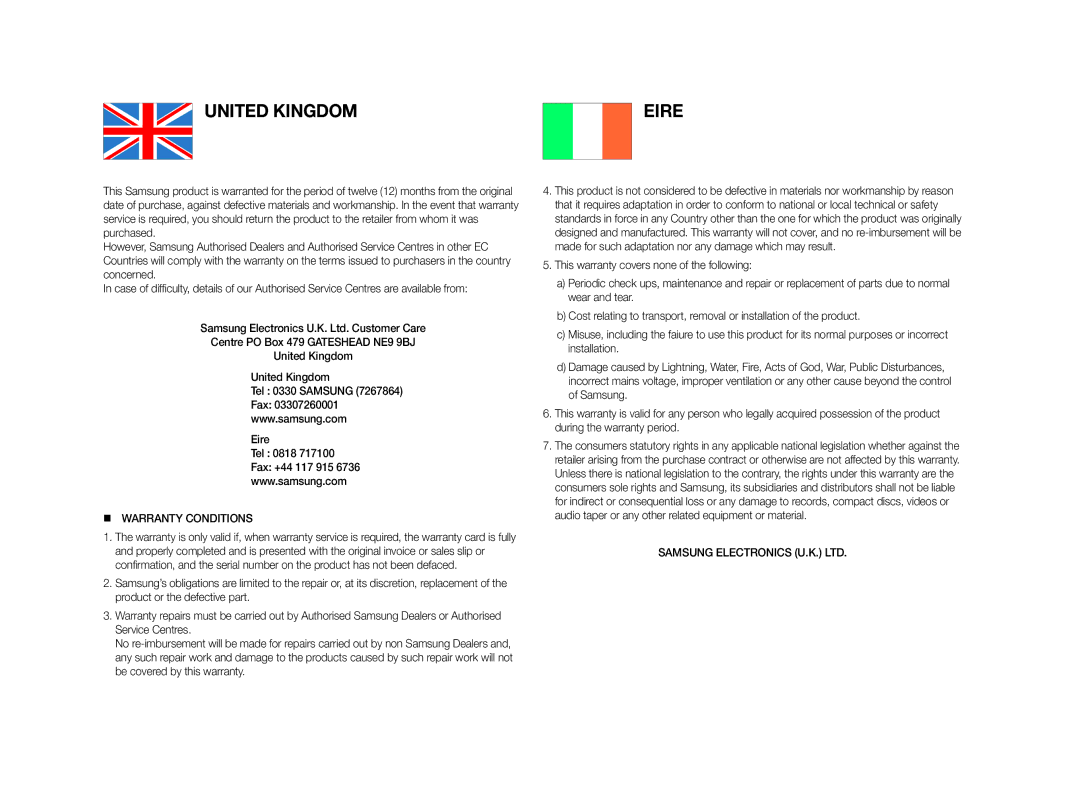 Samsung BD-J4500/EN, BD-J4500/ZF, BD-J4500/XN, BD-J4500/XE manual United Kingdom Eire,  Warranty Conditions 