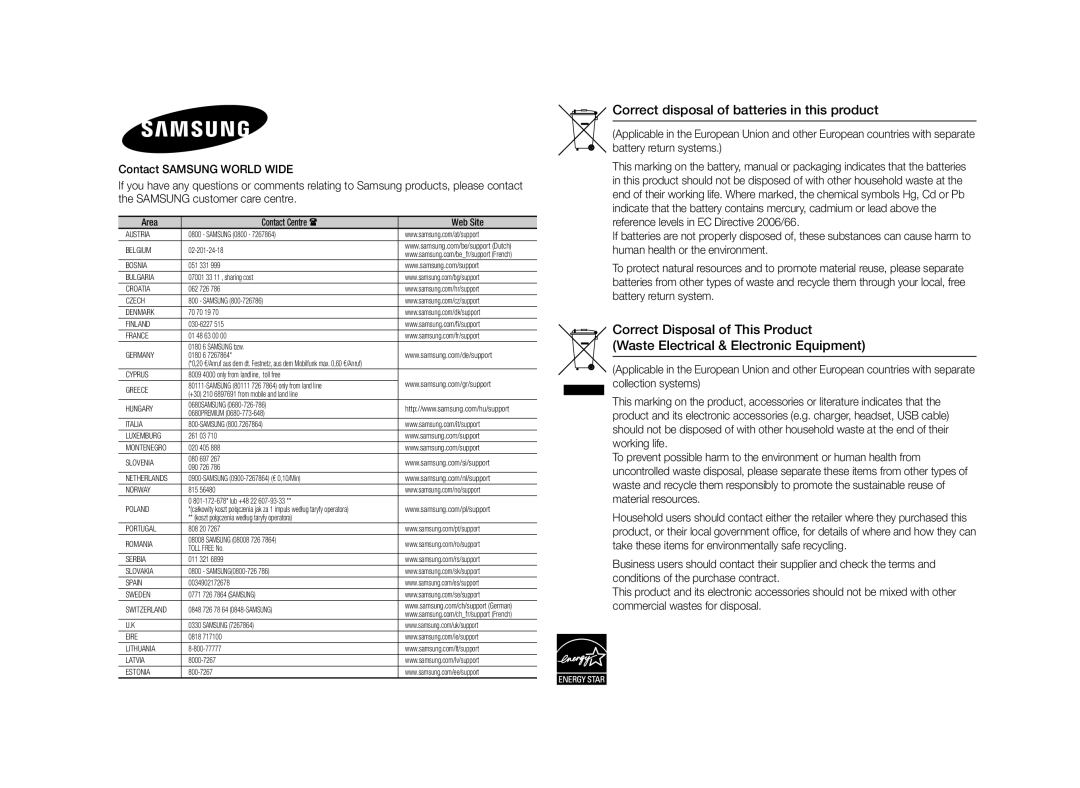 Samsung BD-J4500/ZF, BD-J4500/EN, BD-J4500/XN Correct disposal of batteries in this product, Area Contact Centre  Web Site 