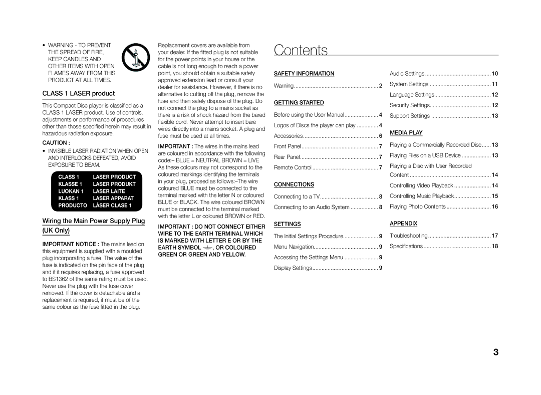 Samsung BD-J4500/XE, BD-J4500/EN, BD-J4500/ZF, BD-J4500/XN manual Contents 