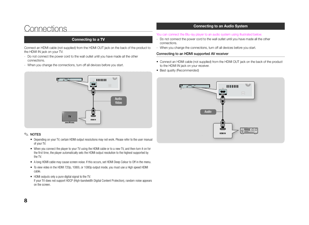 Samsung BD-J4500/EN, BD-J4500/ZF, BD-J4500/XN, BD-J4500/XE Connections, Connecting to a TV, Connecting to an Audio System 