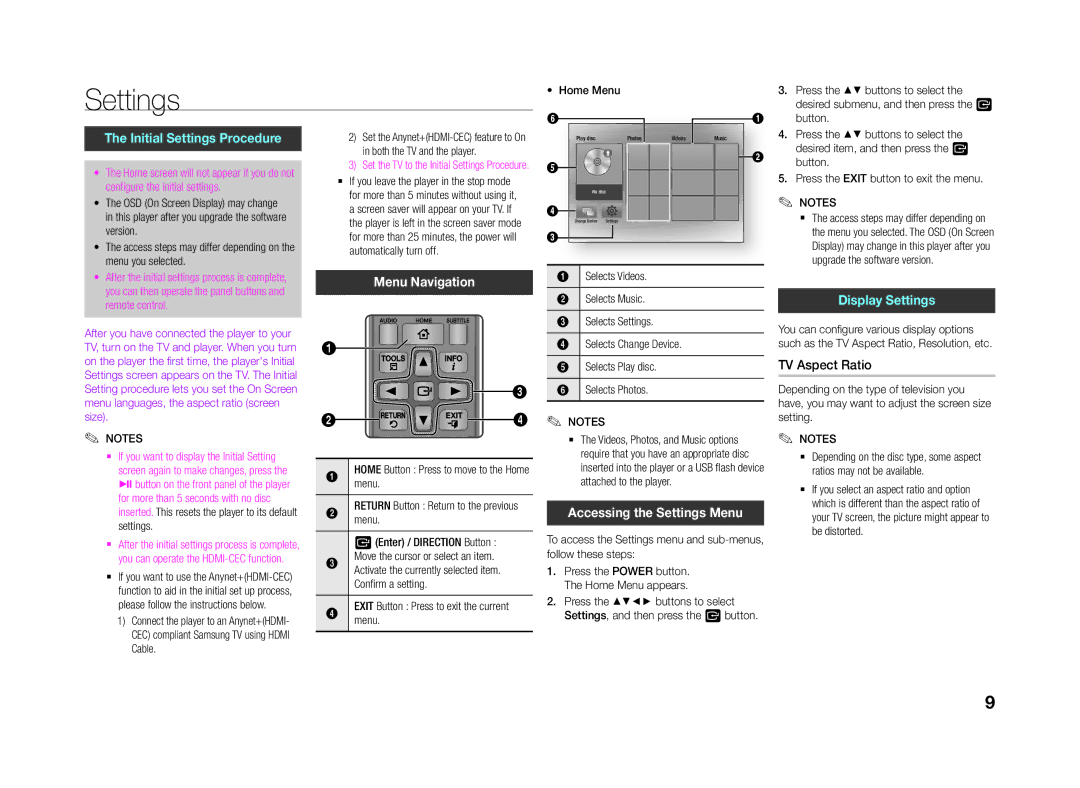 Samsung BD-J4500/ZF, BD-J4500/EN, BD-J4500/XN, BD-J4500/XE Menu Navigation, Accessing the Settings Menu, TV Aspect Ratio 