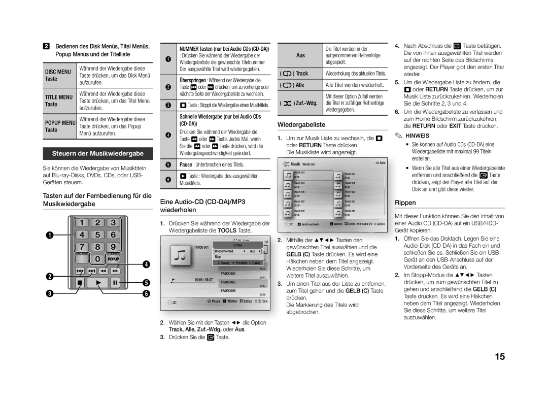 Samsung BD-J4500R/EN Wiedergabeliste, Steuern der Musikwiedergabe, Tasten auf der Fernbedienung für die Musikwiedergabe 