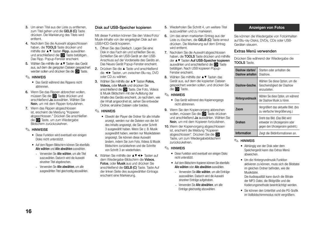Samsung BD-J4500R/EN manual Disk auf USB-Speicher kopieren, Anzeigen von Fotos, Extras Menü verwenden, Hinweise 